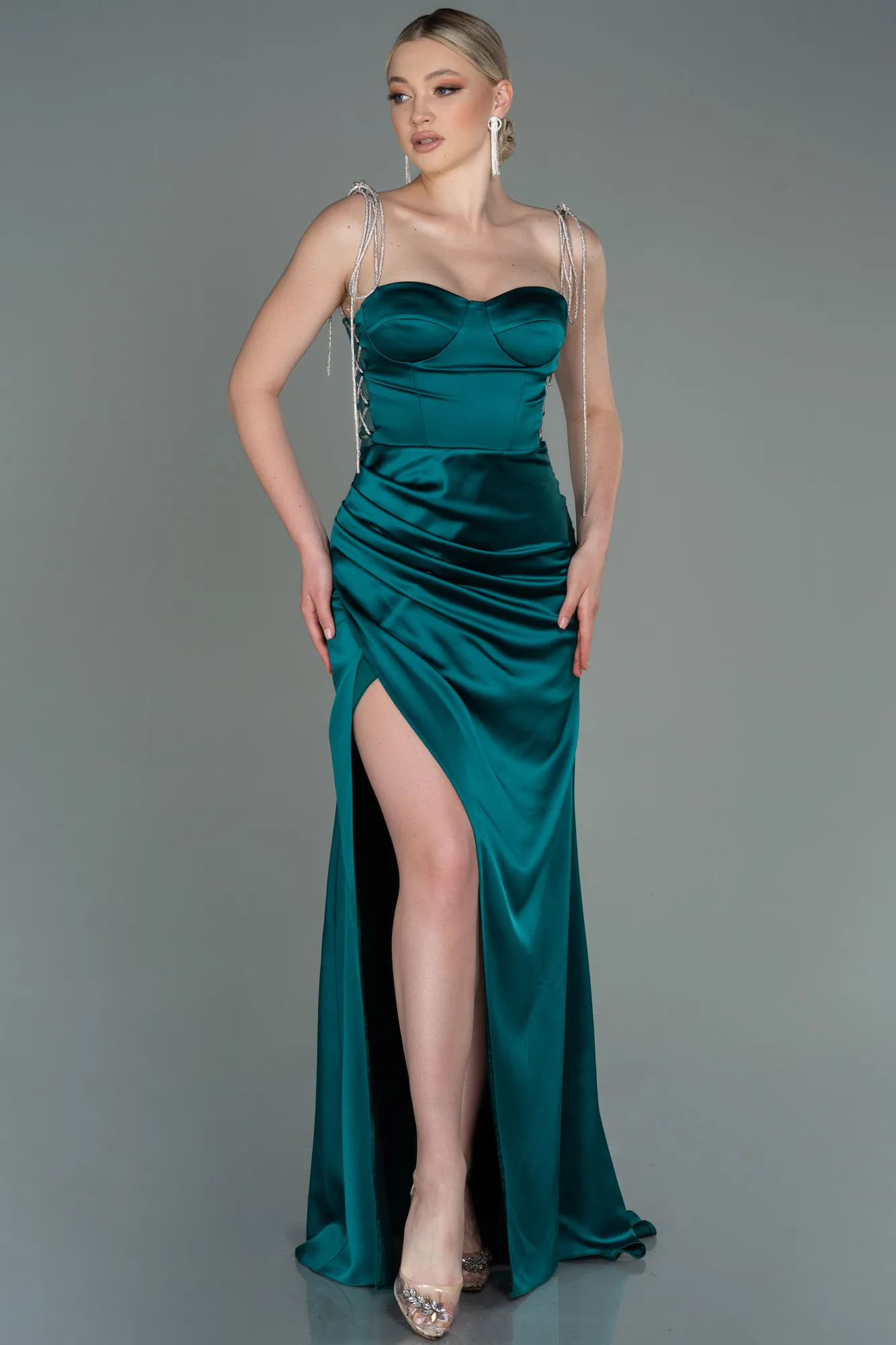 Emerald Green-Long Satin Prom Gown ABU3198