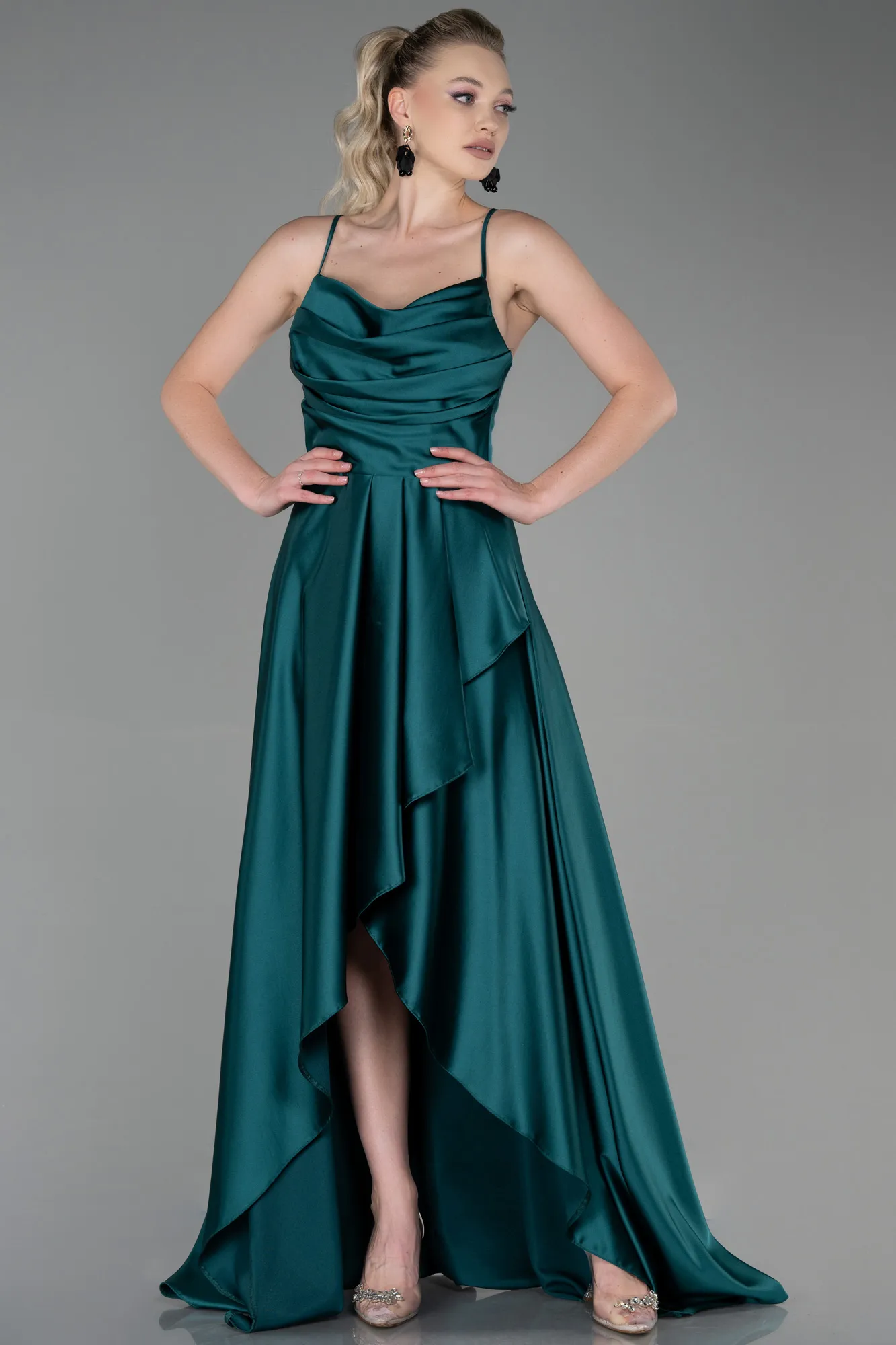 Emerald Green-Long Satin Prom Gown ABU3242
