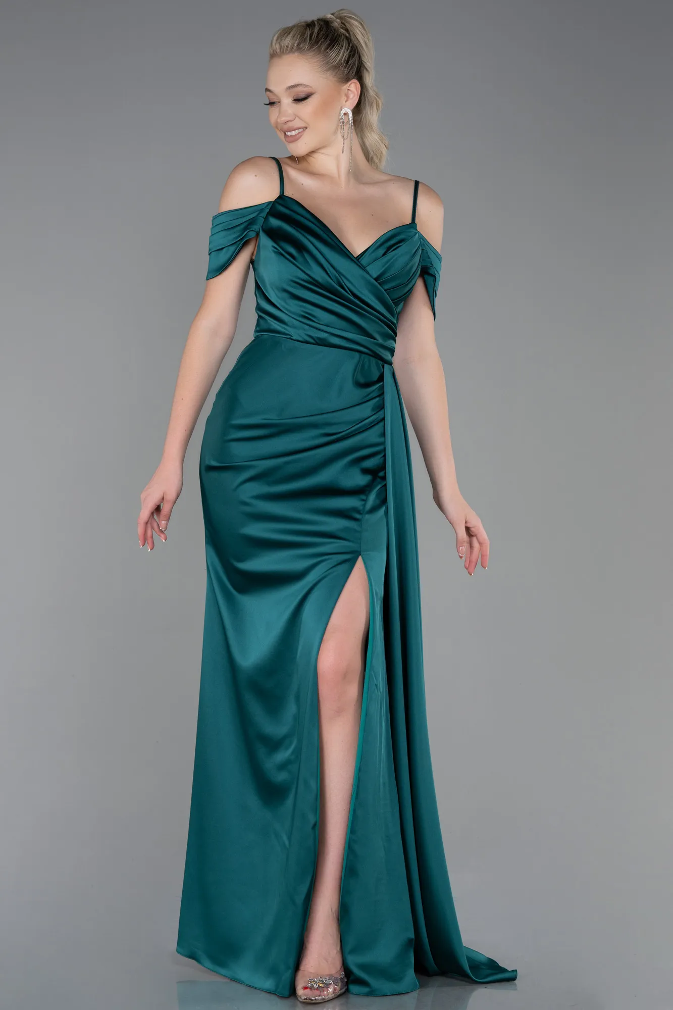 Emerald Green-Long Satin Prom Gown ABU3249