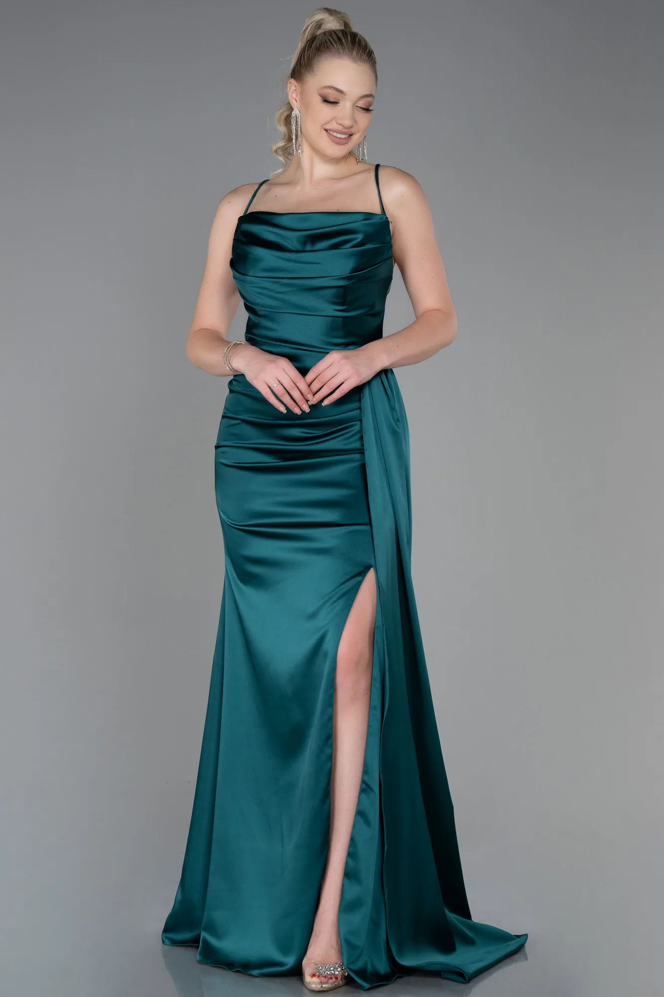 Emerald Green-Long Satin Prom Gown ABU3267