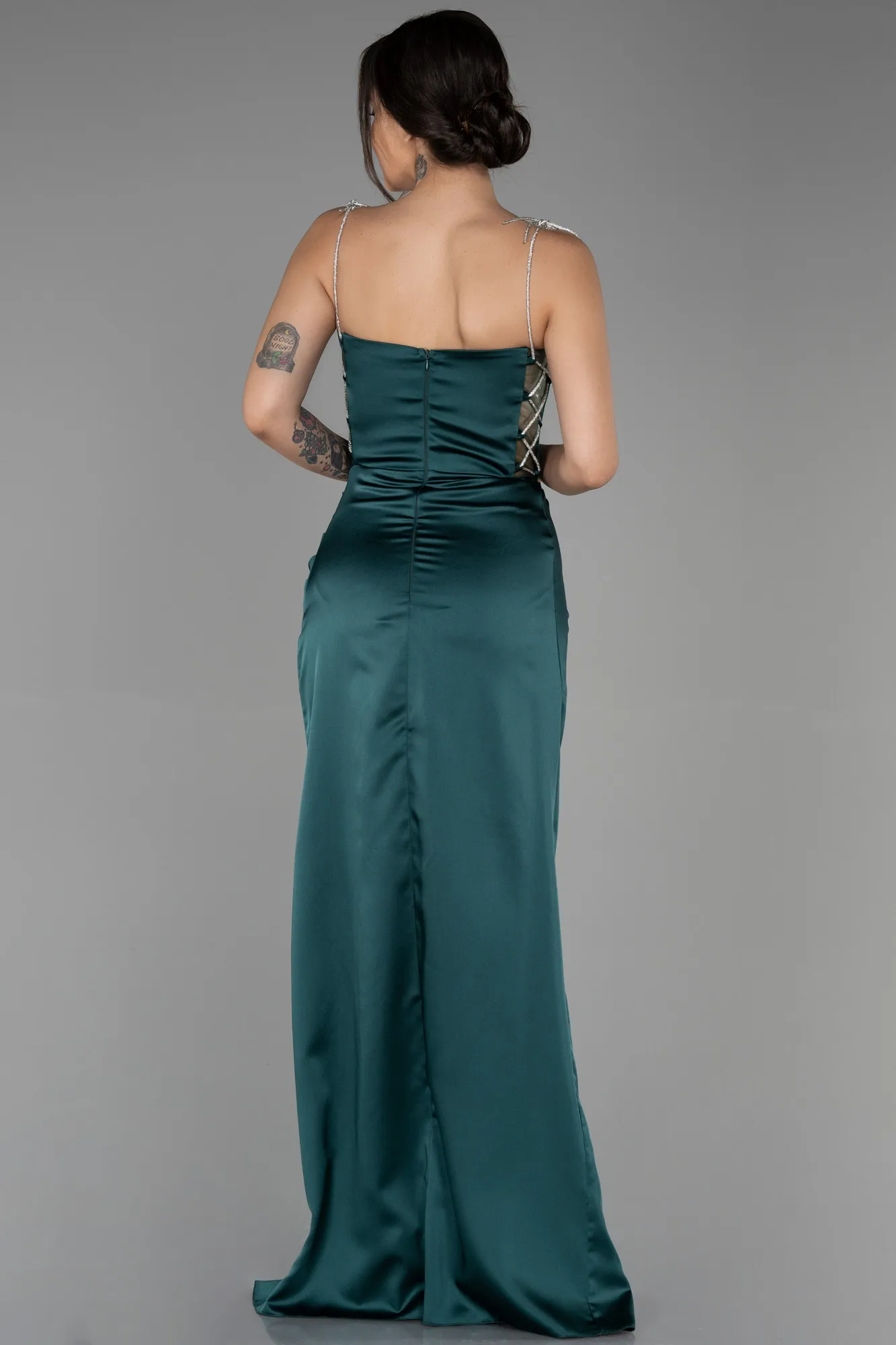 Emerald Green-Long Satin Prom Gown ABU3329