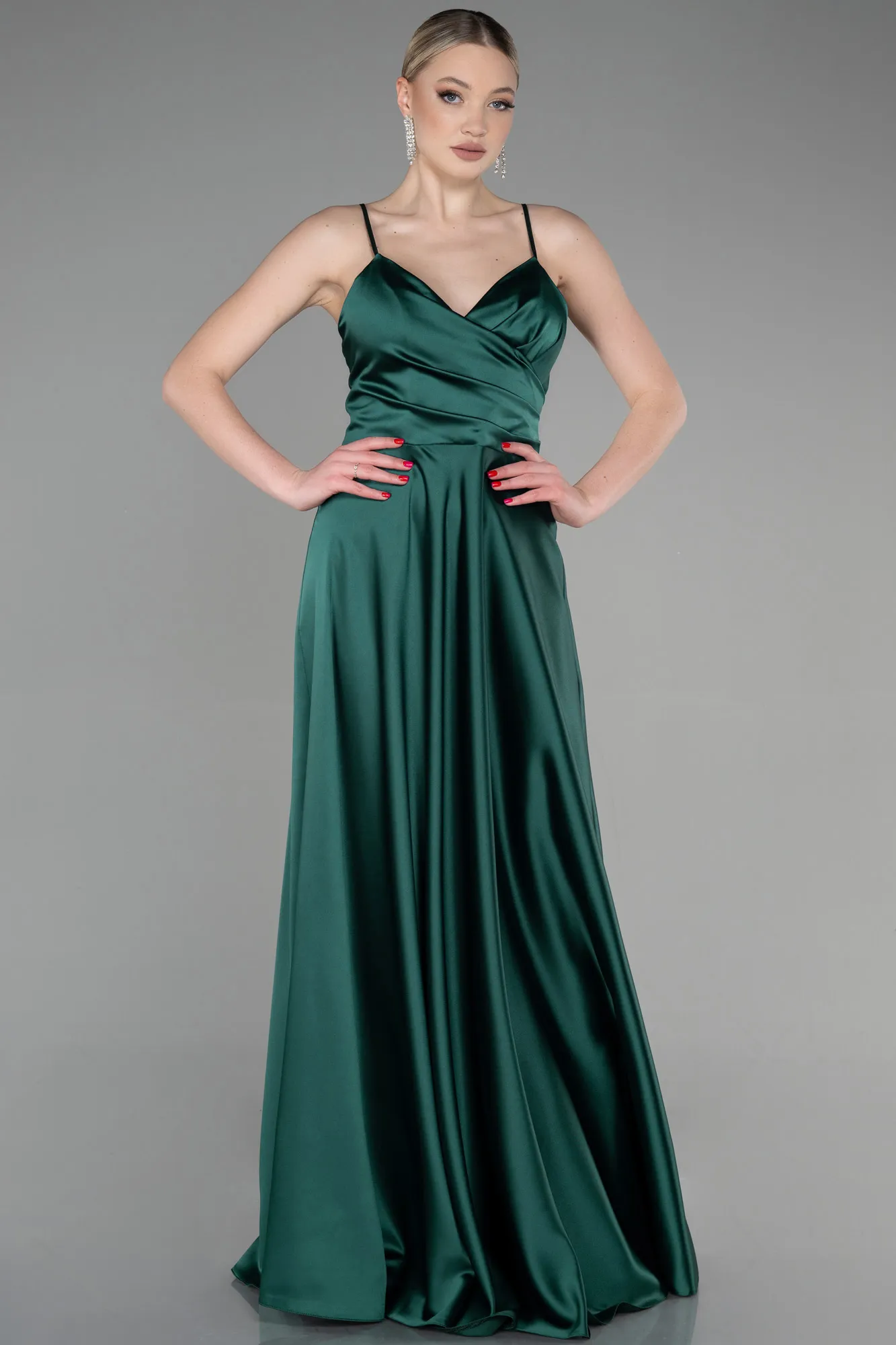 Emerald Green-Long Satin Prom Gown ABU3610