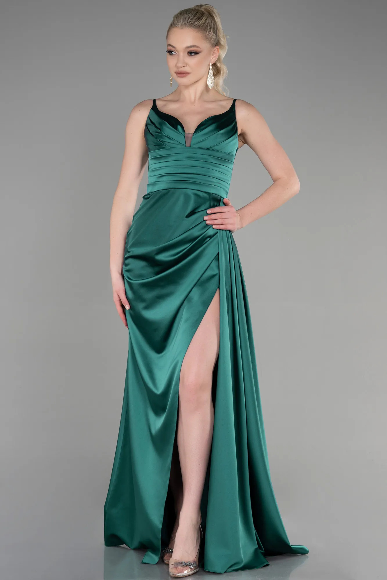 Emerald Green-Long Satin Prom Gown ABU3635