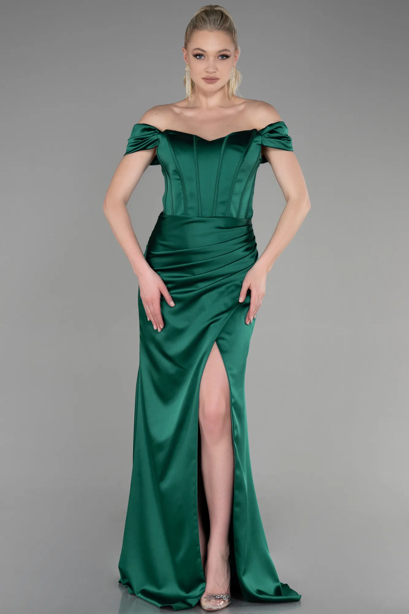Emerald Green-Long Satin Prom Gown ABU3640