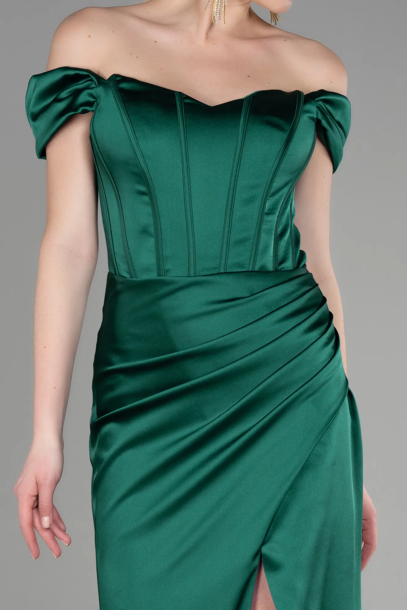 Emerald Green-Long Satin Prom Gown ABU3640