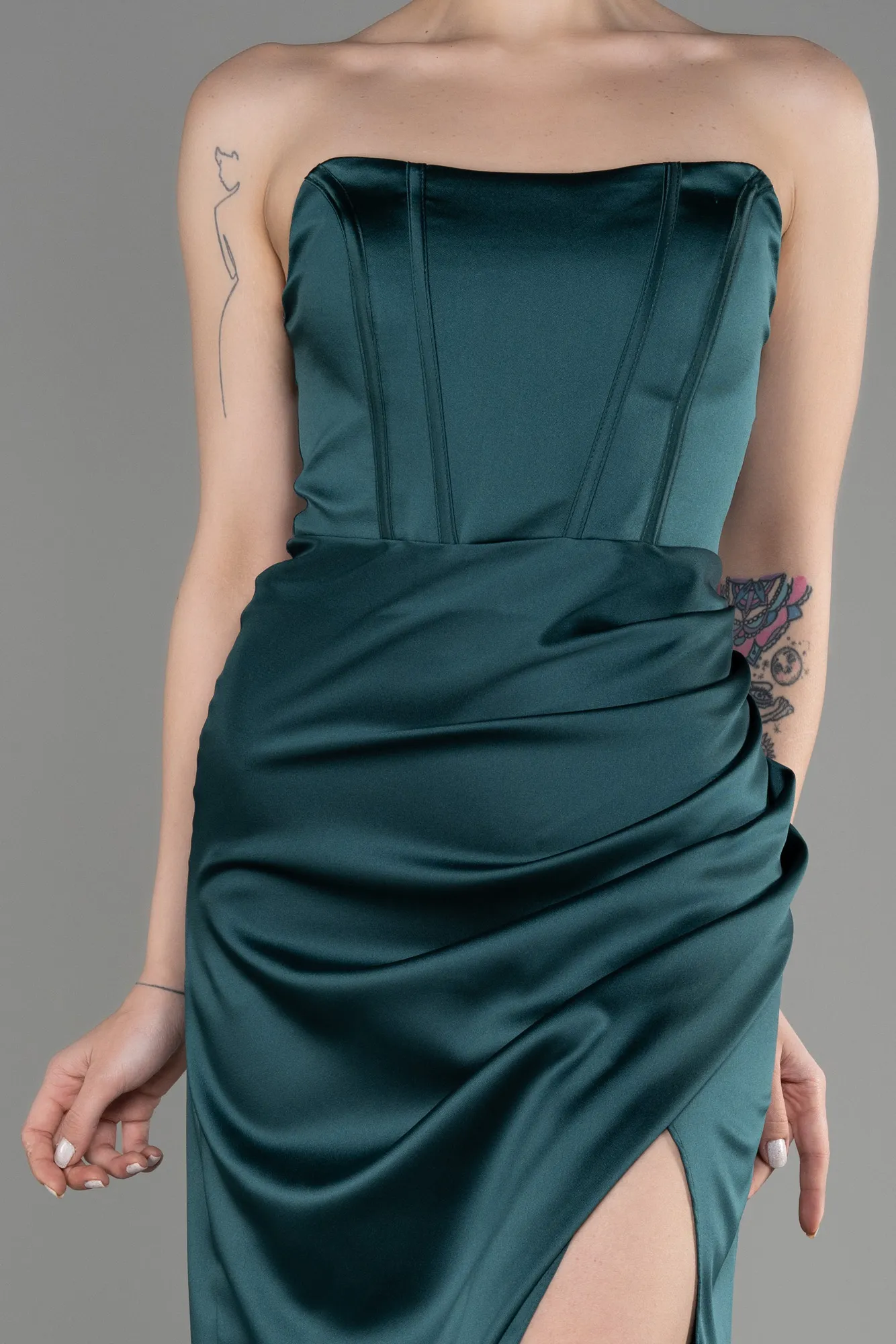 Emerald Green-Long Satin Prom Gown ABU3765