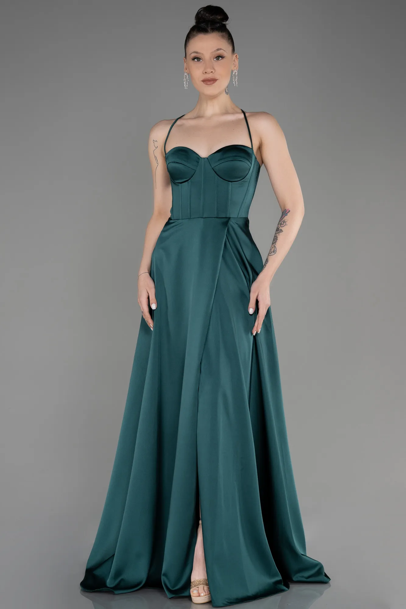 Emerald Green-Long Satin Prom Gown ABU3809