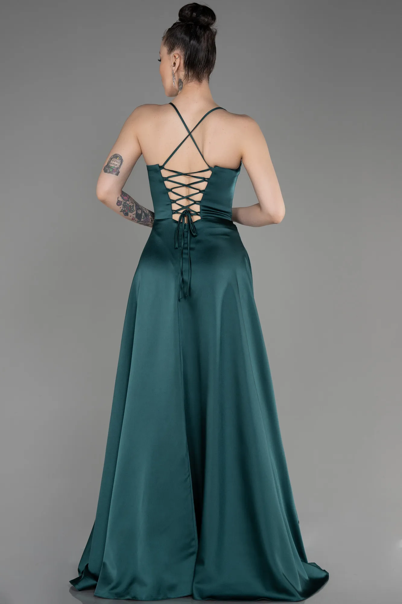 Emerald Green-Long Satin Prom Gown ABU3809