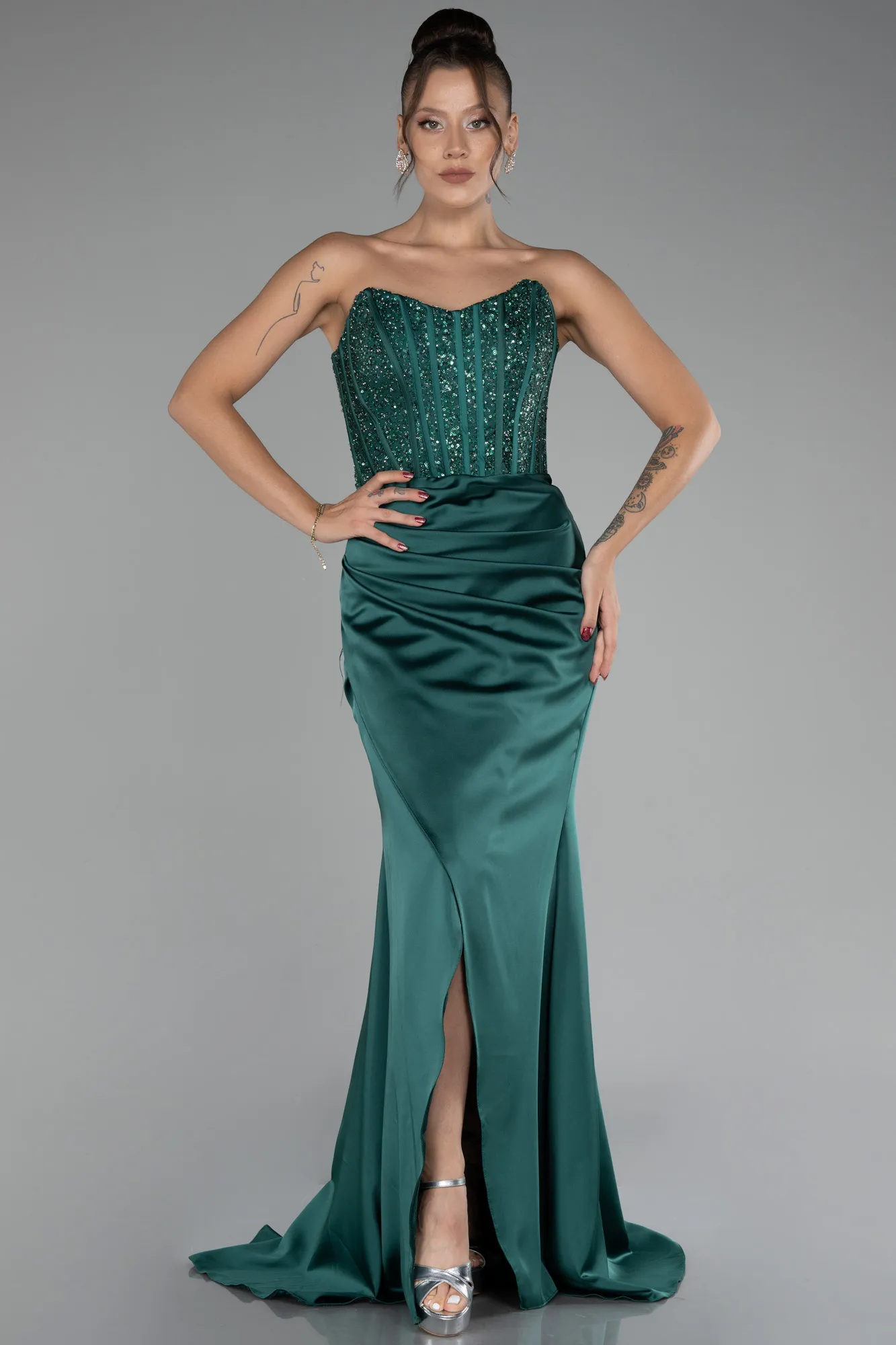 Emerald Green-Long Satin Prom Gown ABU3883