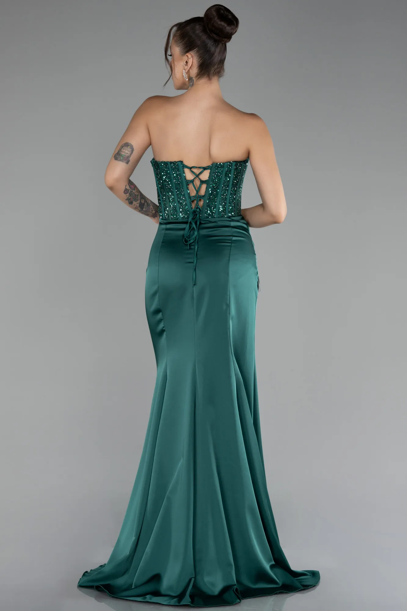 Emerald Green-Long Satin Prom Gown ABU3883