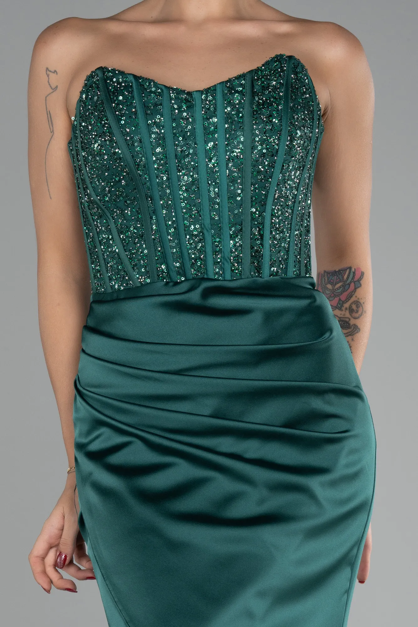 Emerald Green-Long Satin Prom Gown ABU3883