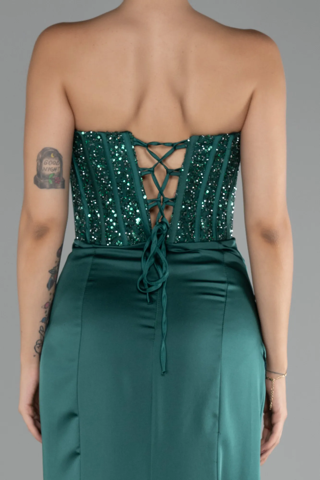 Emerald Green-Long Satin Prom Gown ABU3883