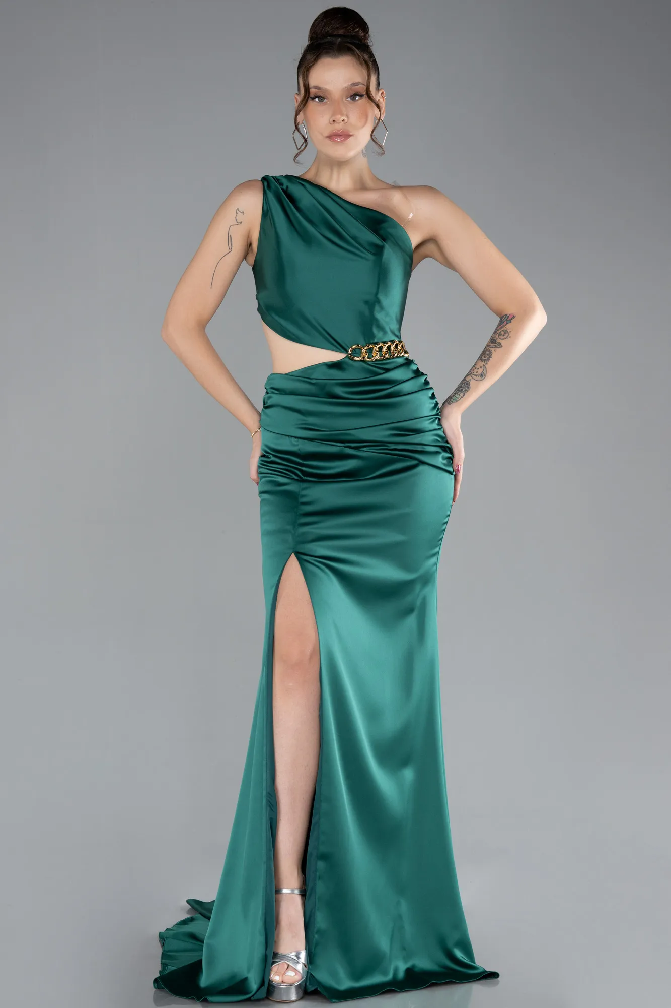 Emerald Green-Long Satin Prom Gown ABU4409