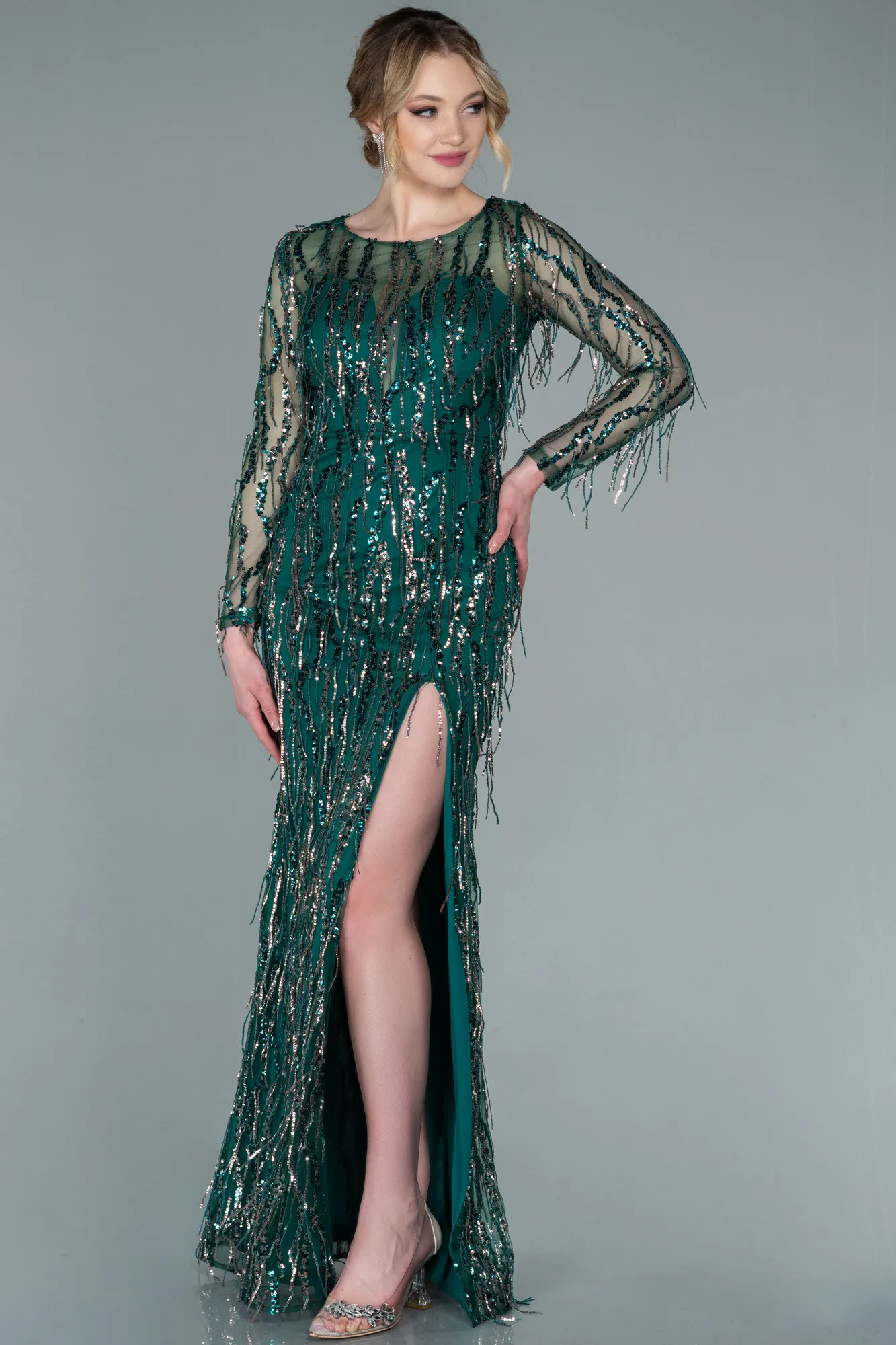 Emerald Green-Long Scaly Evening Dress ABU2324