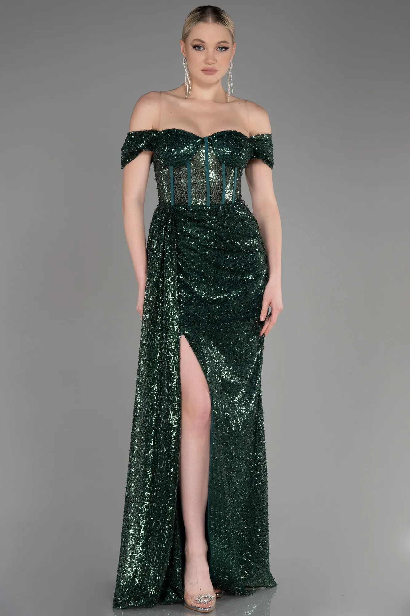 Emerald Green-Long Scaly Evening Dress ABU3794