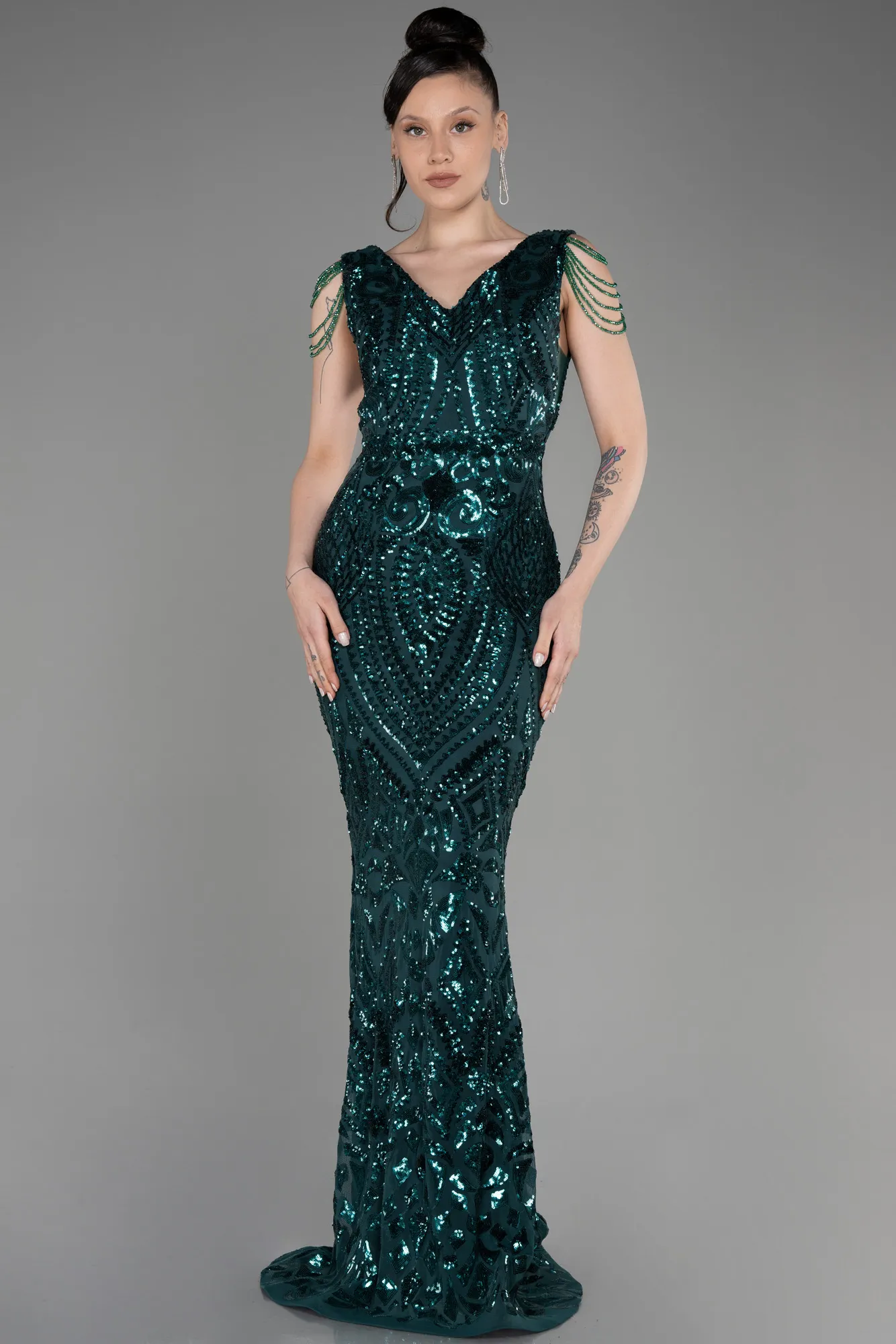 Emerald Green-Long Scaly Mermaid Evening Dress ABU3842