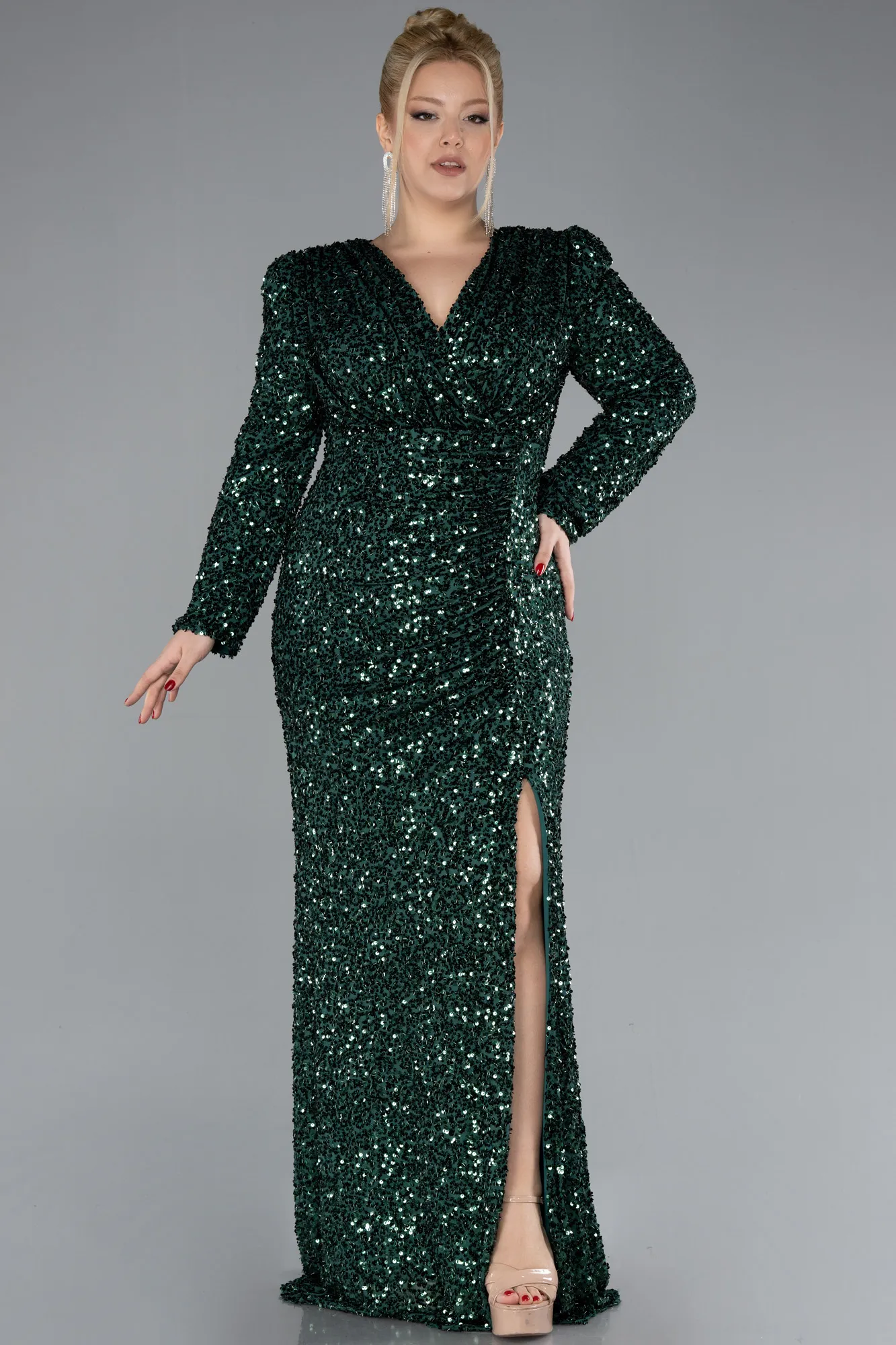 Emerald Green-Long Scaly Plus Size Engagement Dress ABU4373