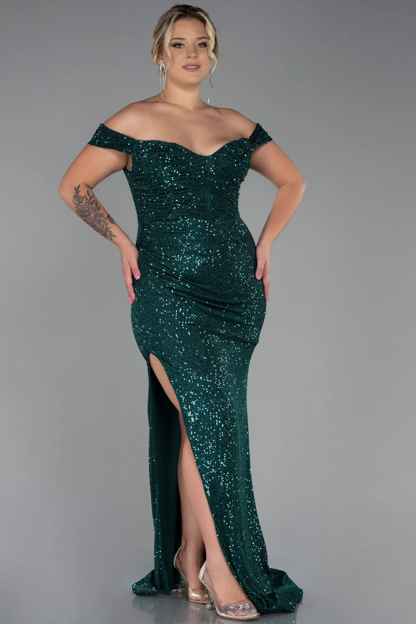 Emerald Green-Long Scaly Plus Size Evening Dress ABU3203