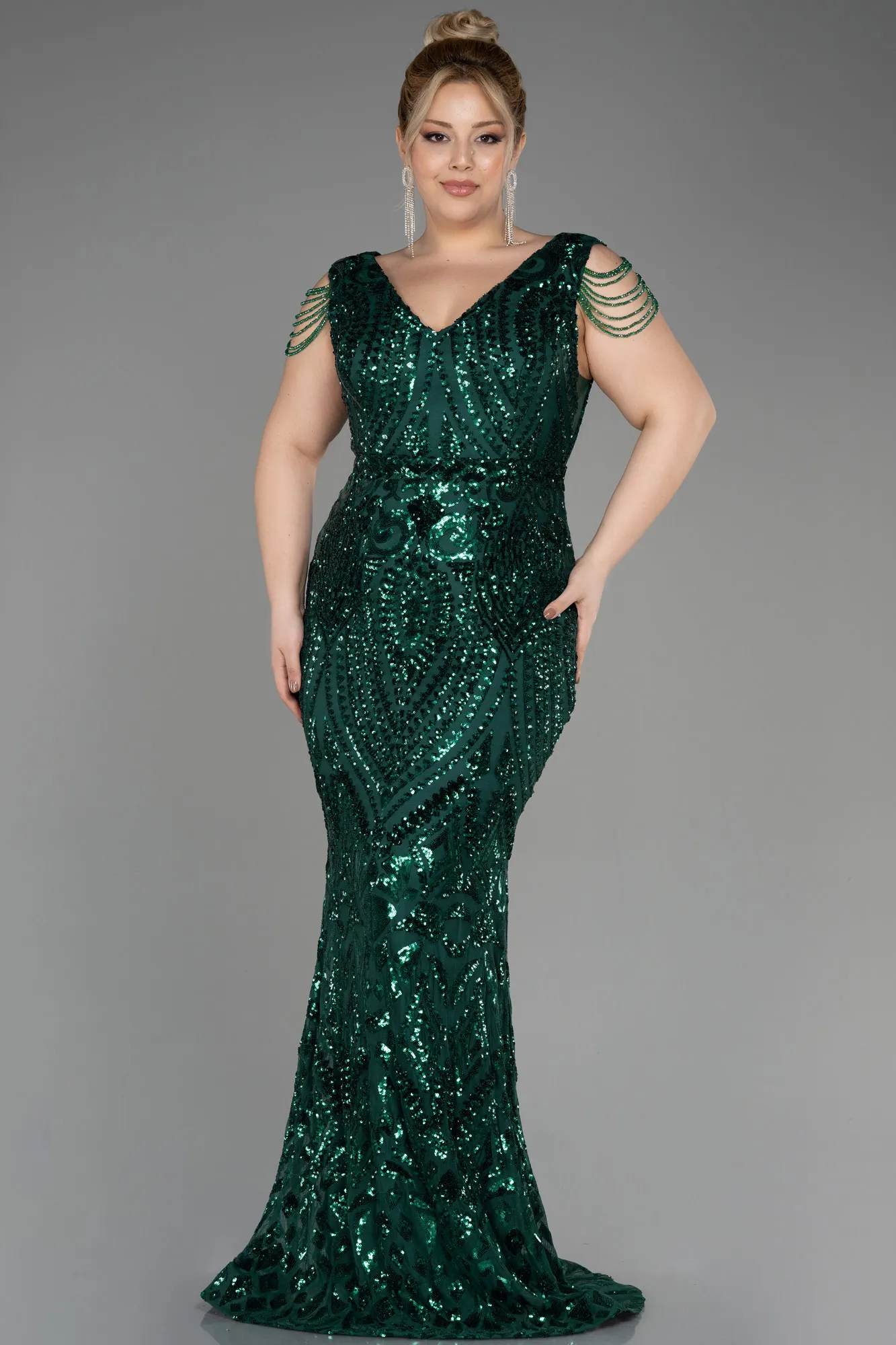 Emerald Green-Long Scaly Plus Size Evening Dress ABU3845