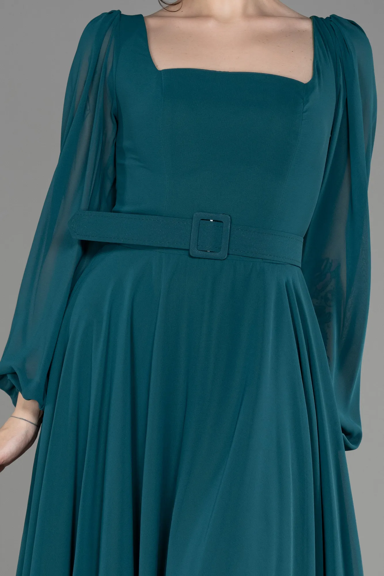 Emerald Green-Long Sleeve Midi Chiffon Cocktail Dress ABK2026
