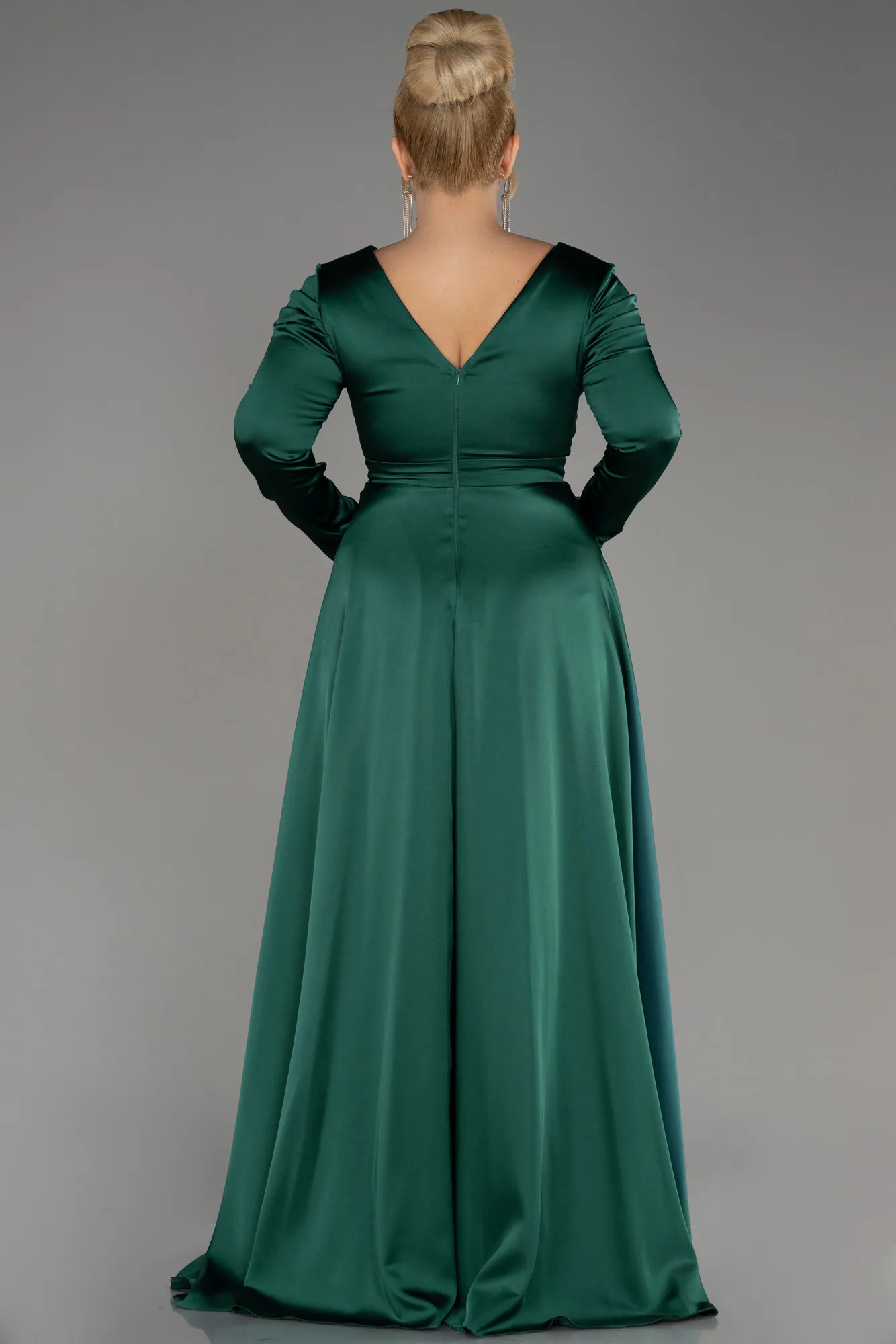 Emerald Green-Long Sleeve Satin Plus Size Evening Dress ABU3941