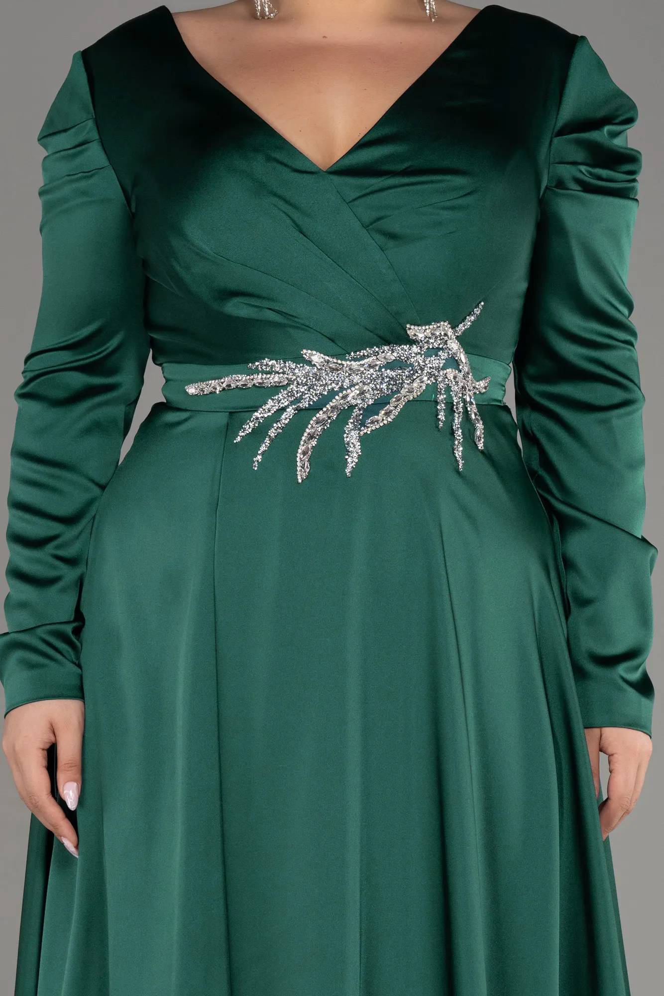 Emerald Green-Long Sleeve Satin Plus Size Evening Dress ABU3941