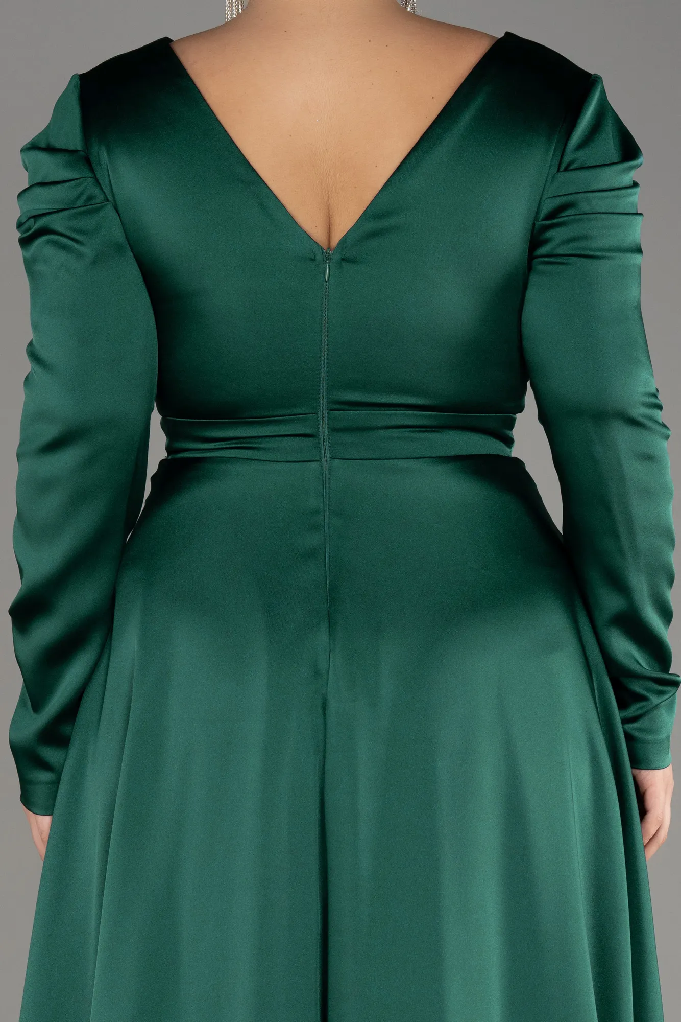 Emerald Green-Long Sleeve Satin Plus Size Evening Dress ABU3941