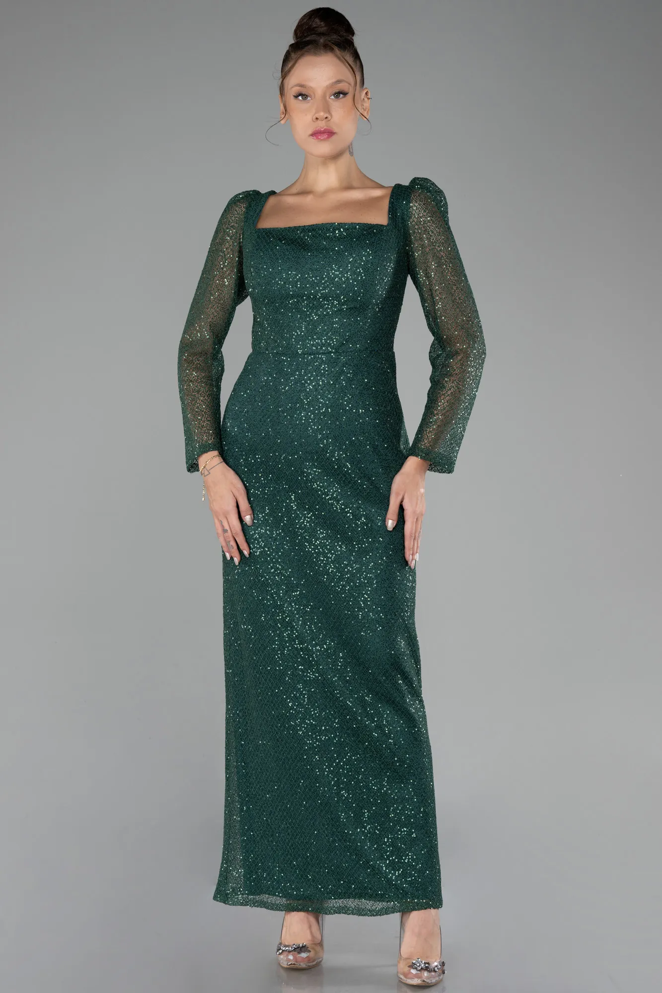 Emerald Green-Long Sleeve Sequin Midi Plus Size Evening Dress ABK2138