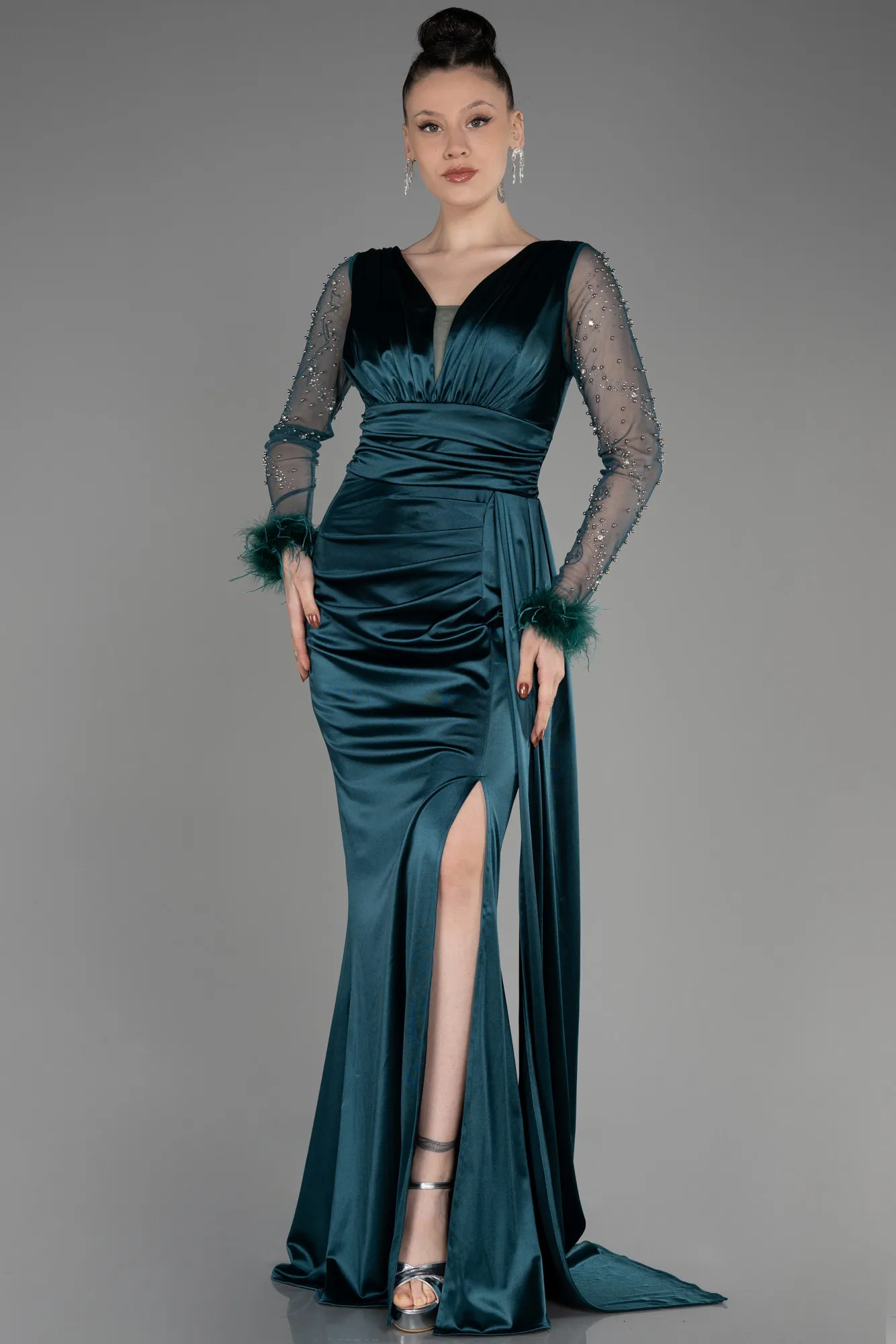 Emerald Green-Long Sleeve Slit Satin Evening Dress ABU3835