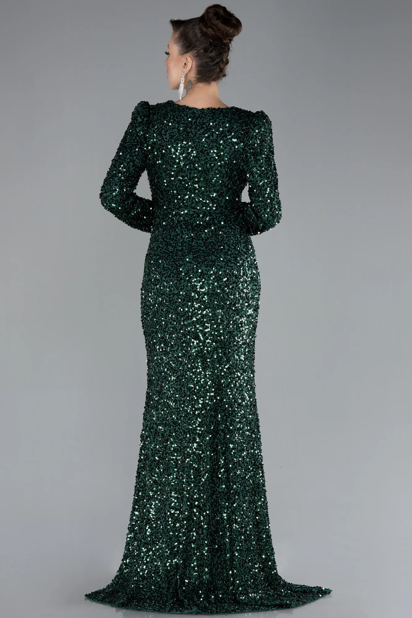 Emerald Green-Long Sleeve Slit Sequined Evening Gown ABU4329