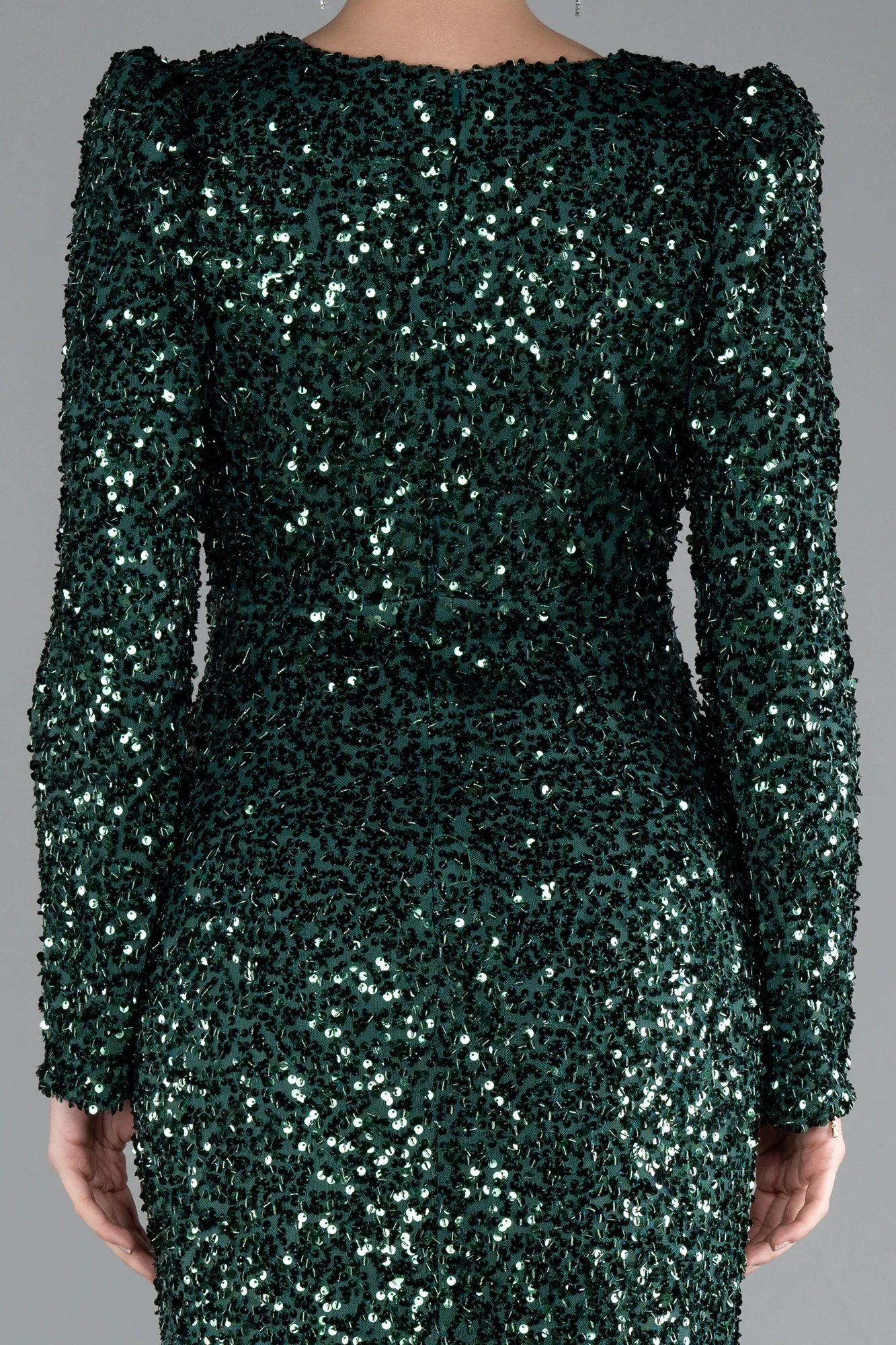 Emerald Green-Long Sleeve Slit Sequined Evening Gown ABU4329