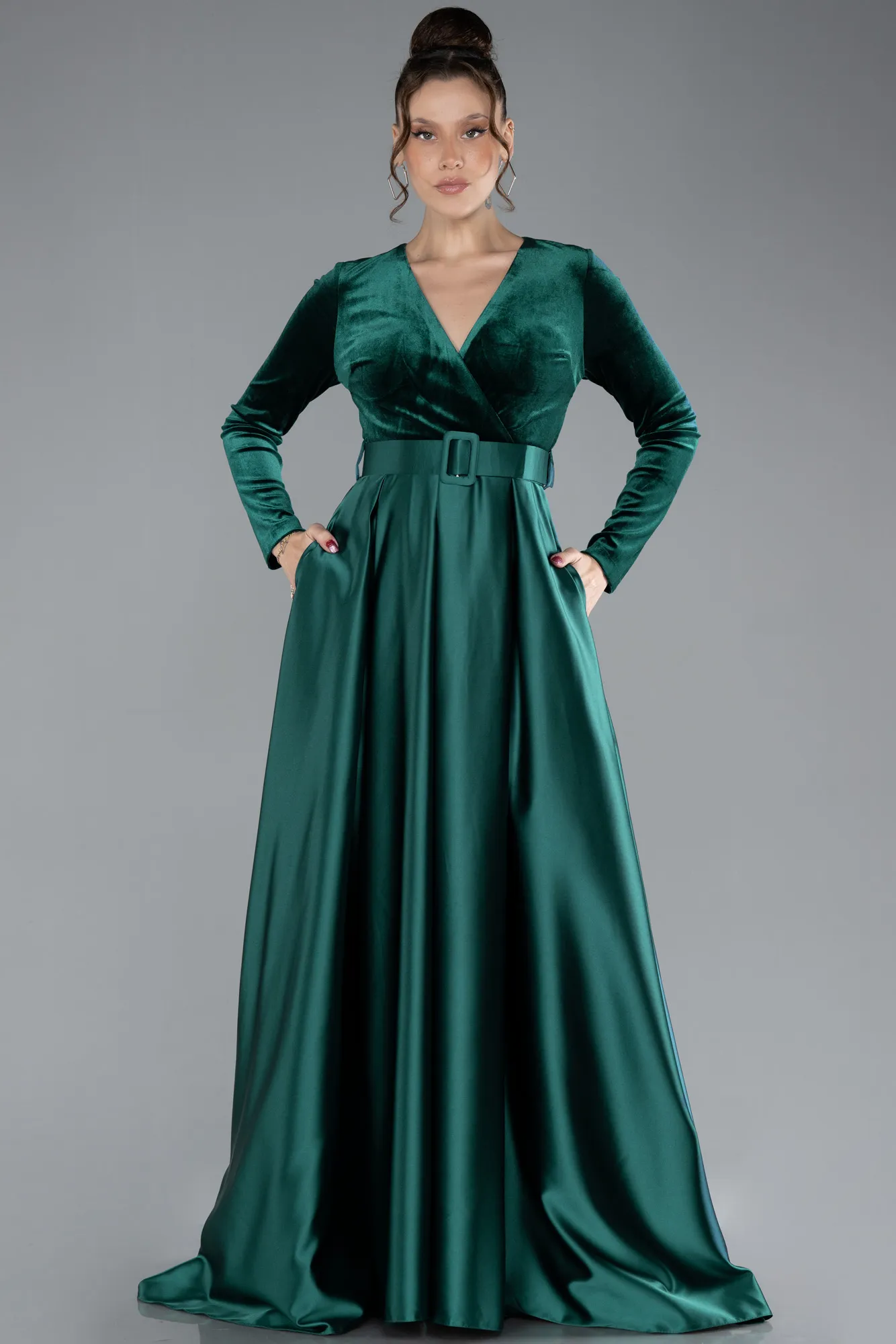 Emerald Green-Long Velvet Evening Dress ABU1523