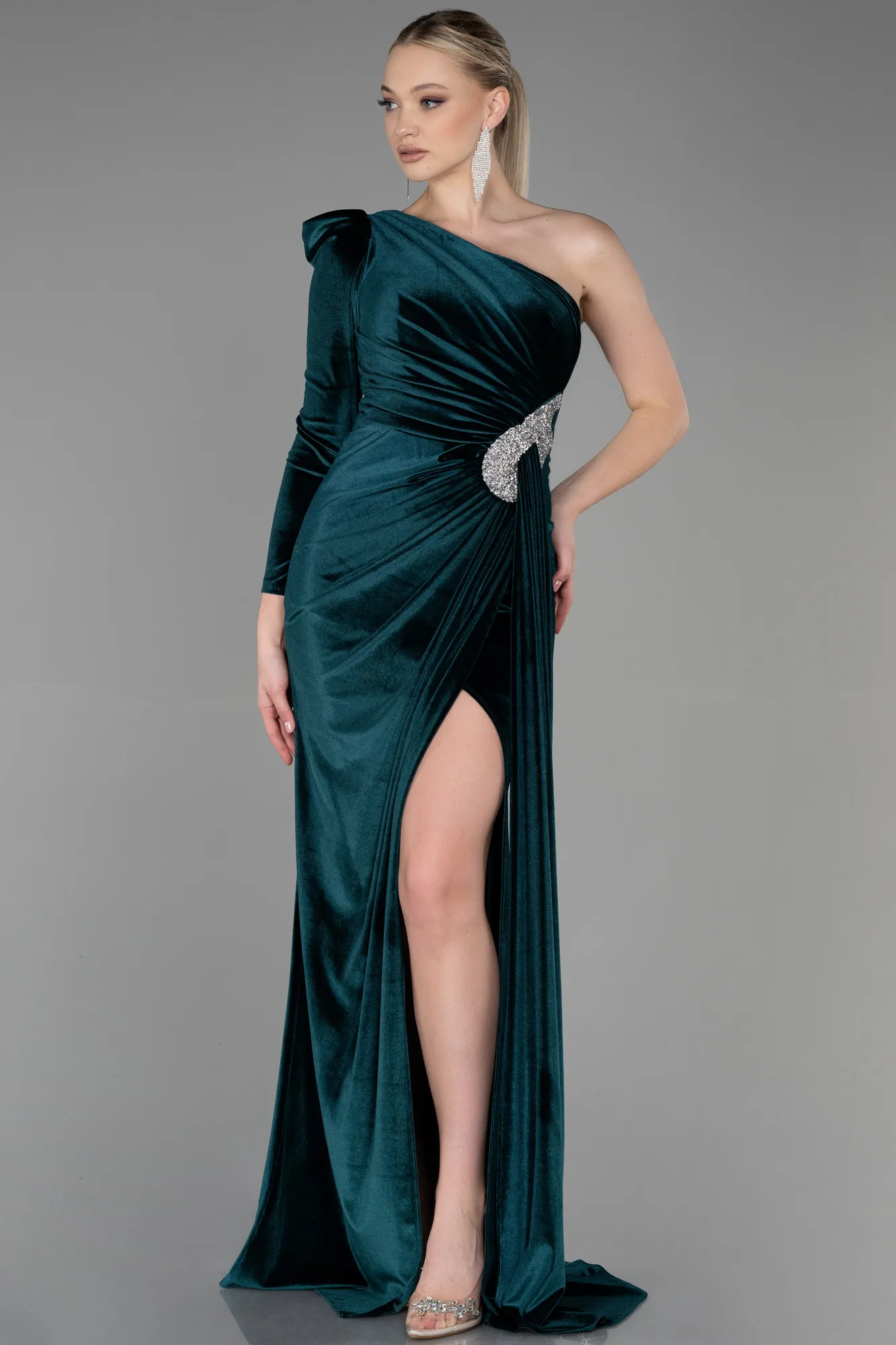 Emerald Green-Long Velvet Evening Dress ABU2655