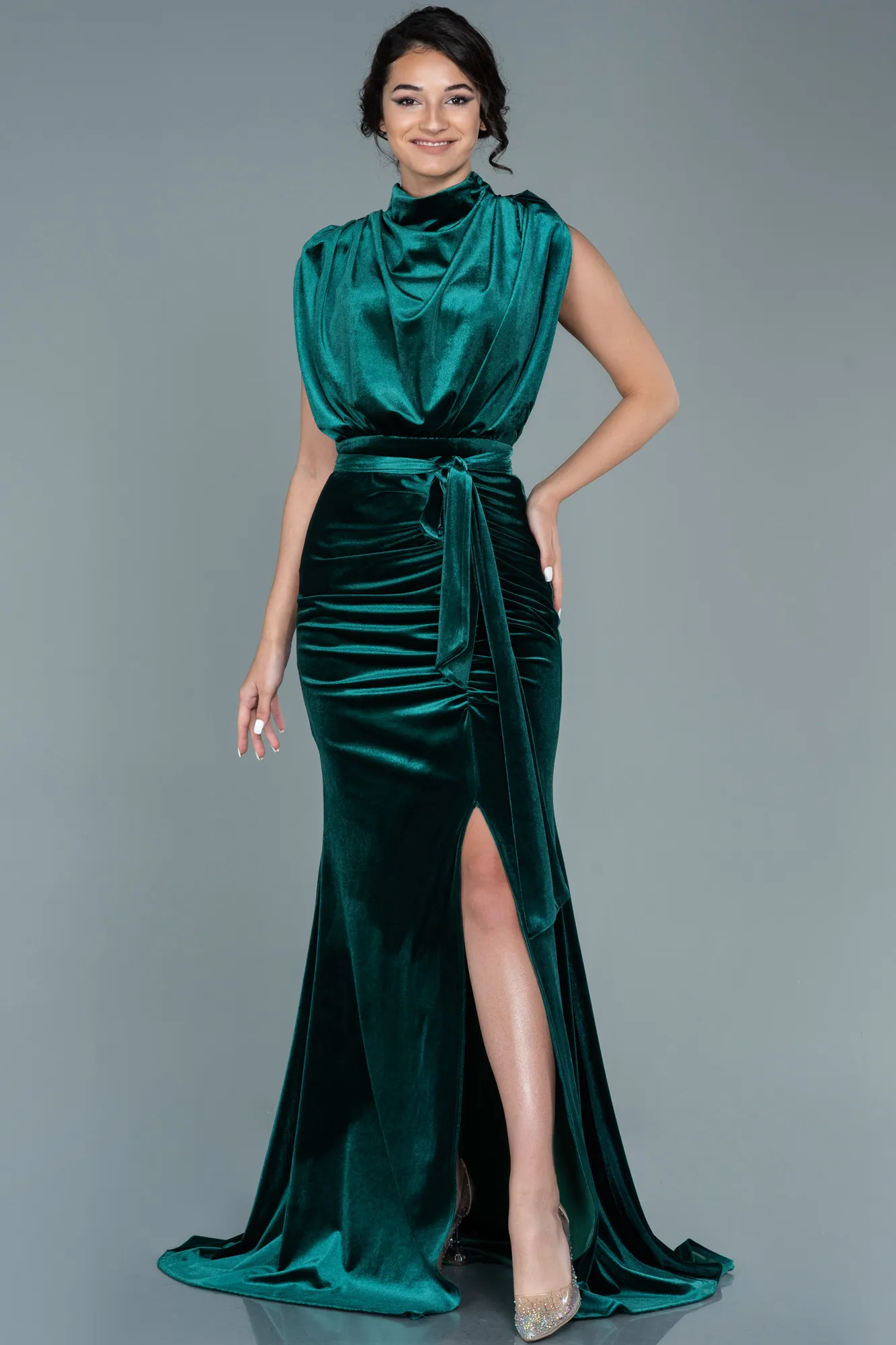 Emerald Green-Long Velvet Evening Dress ABU2668