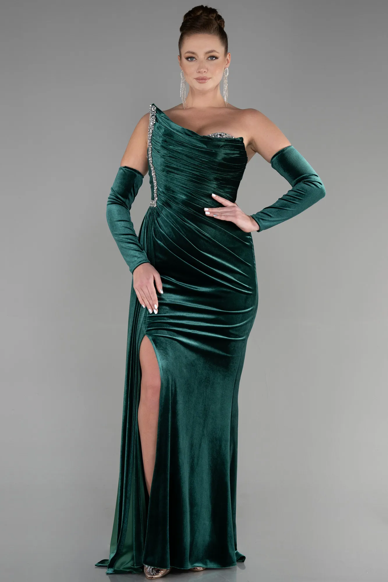 Emerald Green-Long Velvet Evening Dress ABU3364