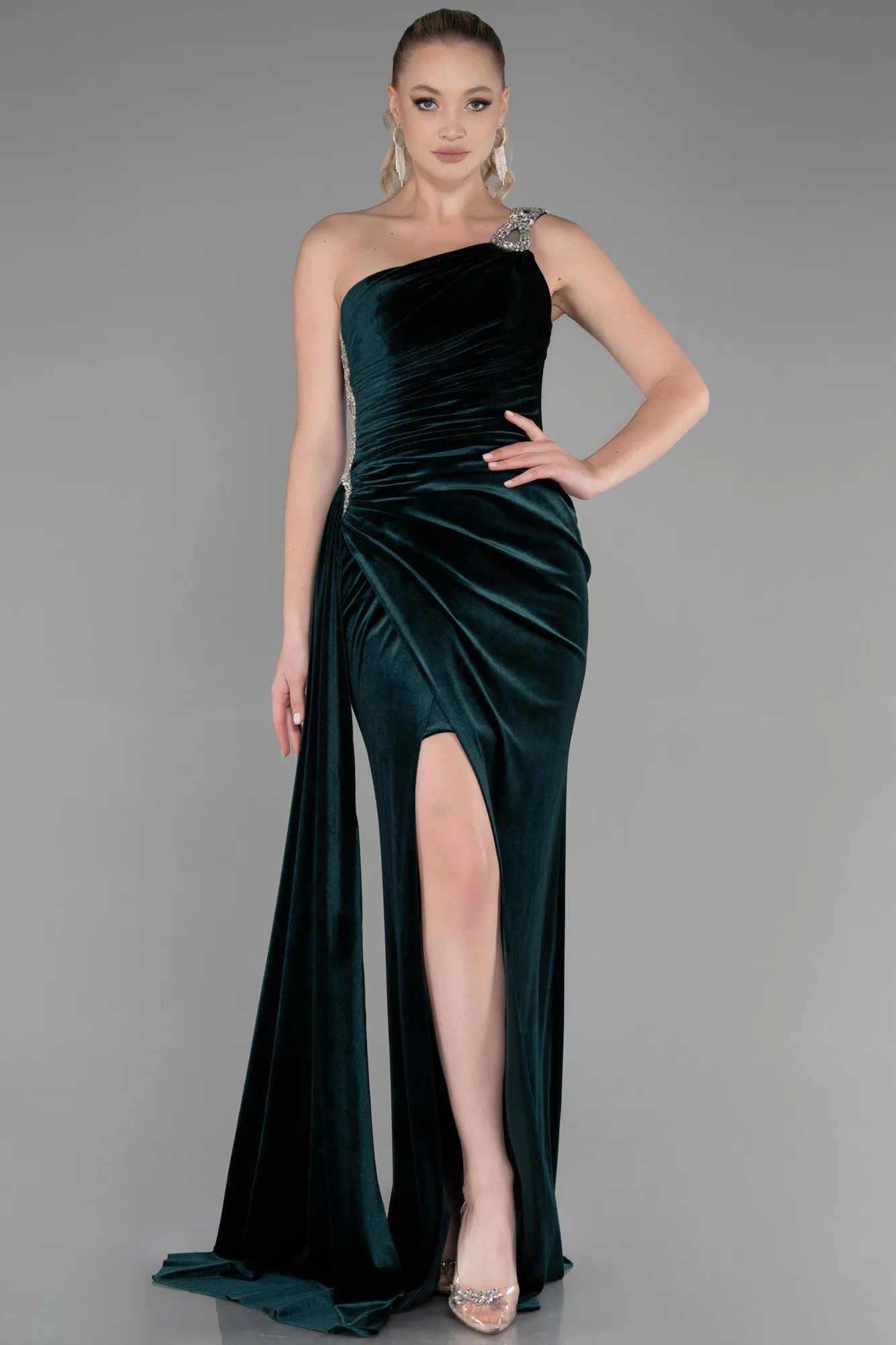 Emerald Green-Long Velvet Evening Dress ABU3365