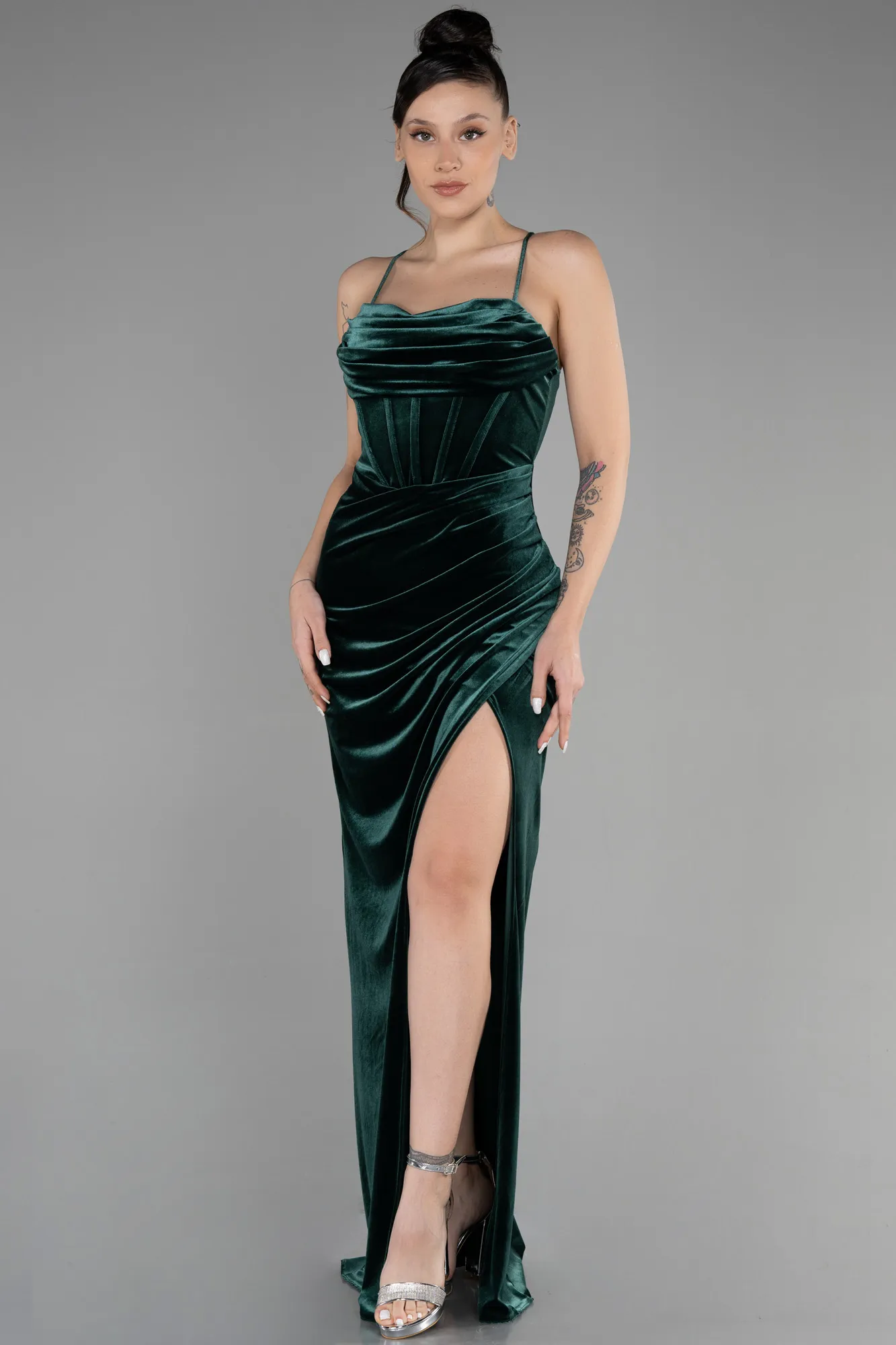 Emerald Green-Long Velvet Evening Dress ABU3395