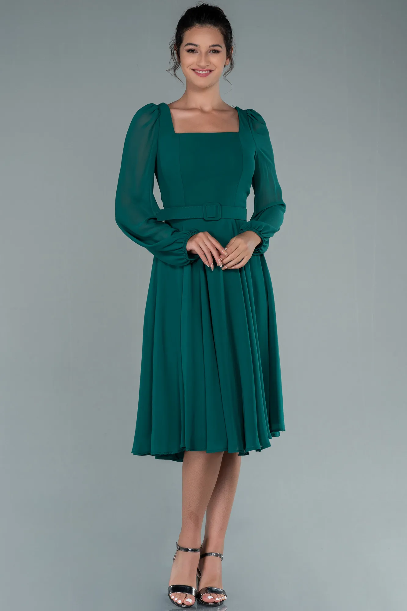 Emerald Green-Midi Chiffon Invitation Dress ABK1441