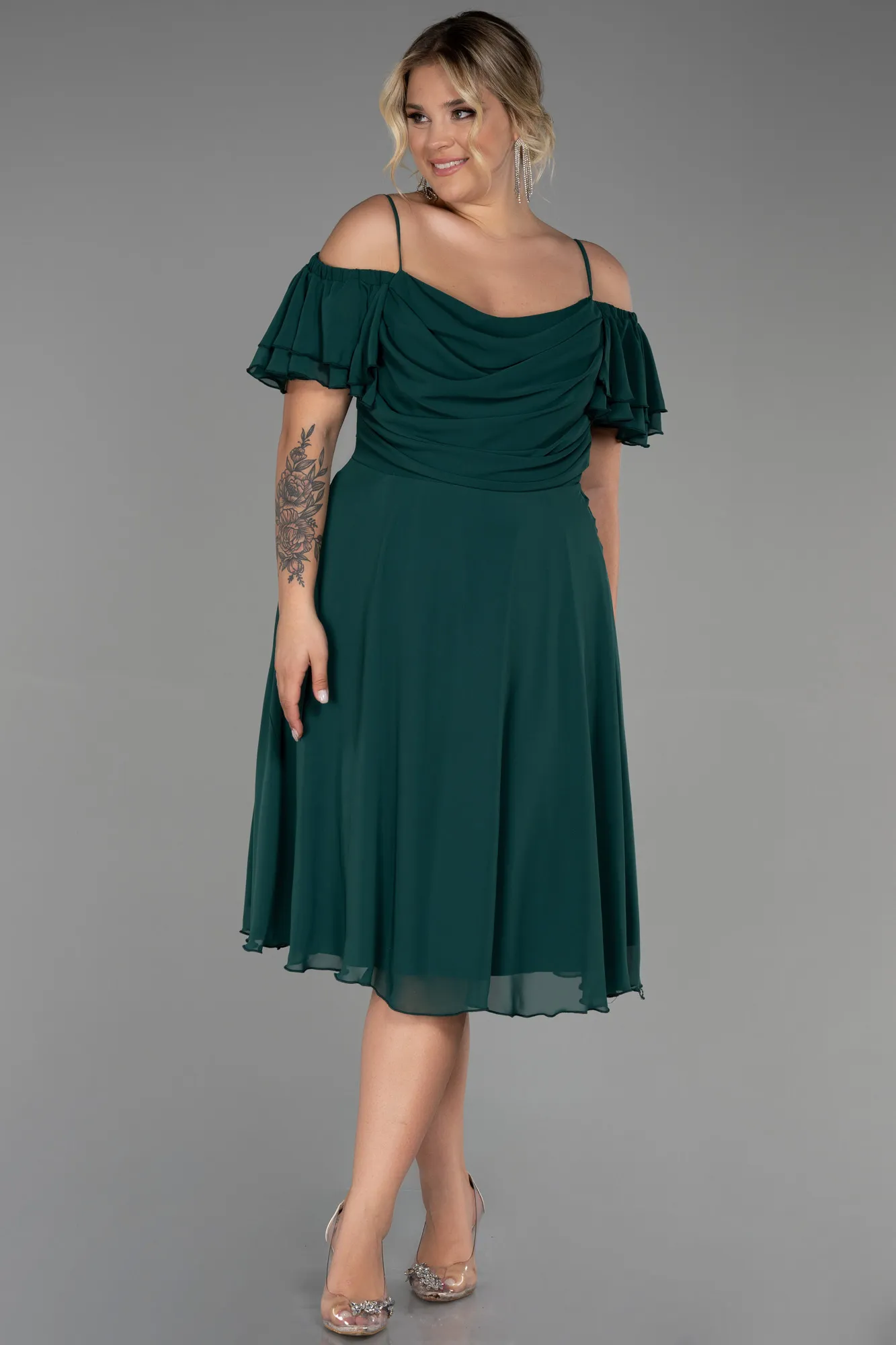 Emerald Green-Midi Chiffon Plus Size Evening Dress ABK1475