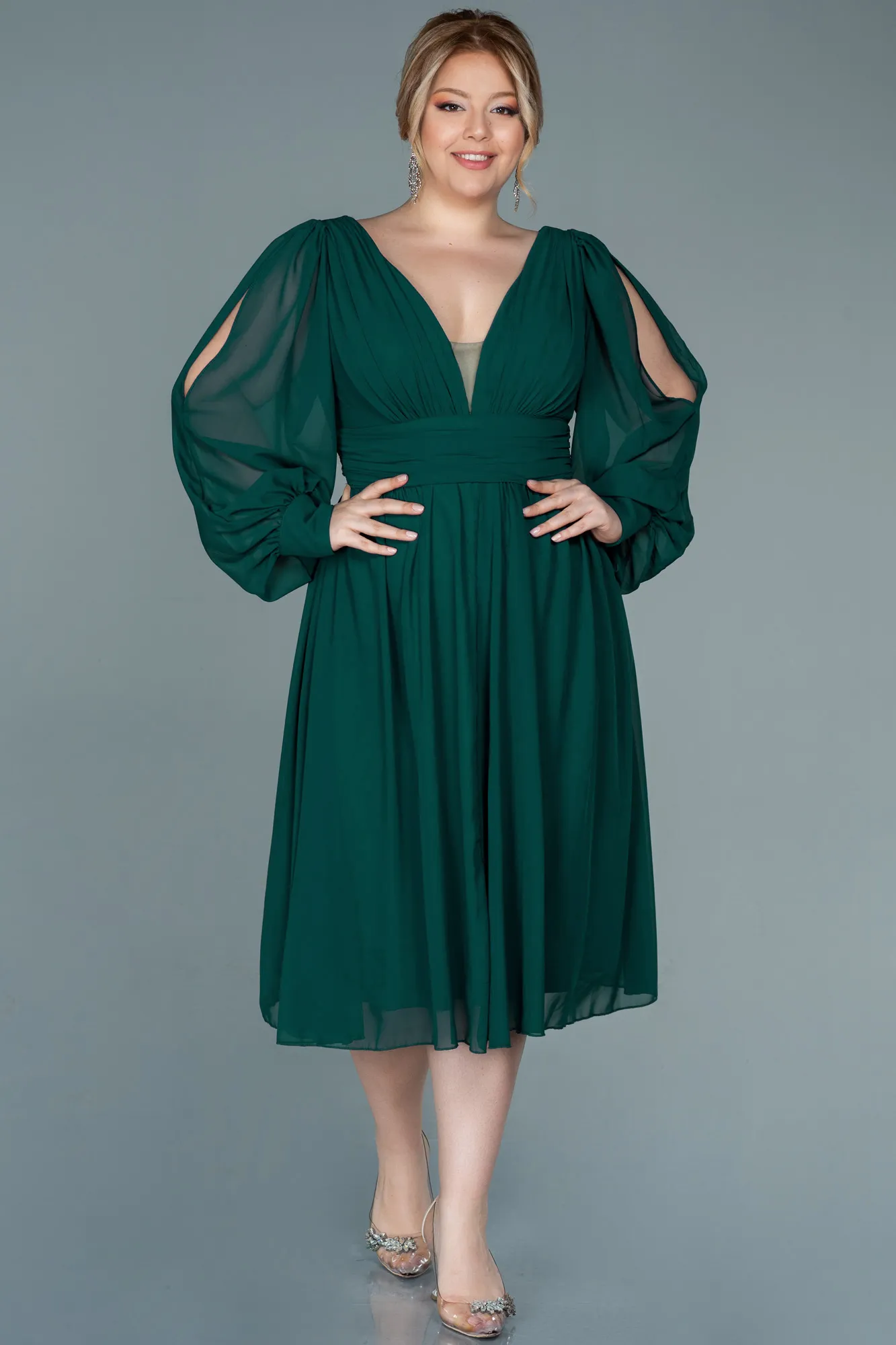 Emerald Green-Midi Chiffon Plus Size Evening Dress ABK1565