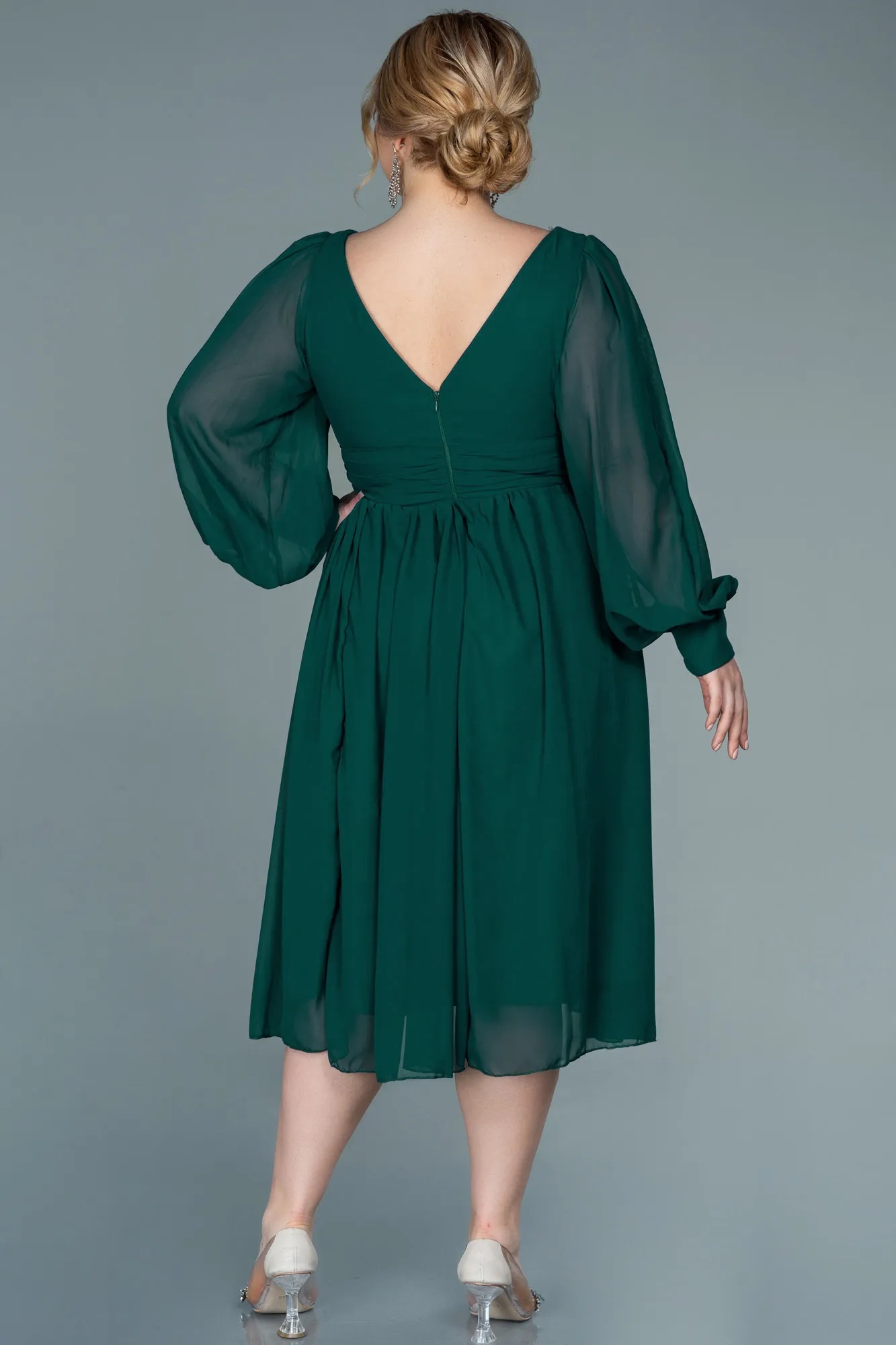Emerald Green-Midi Chiffon Plus Size Evening Dress ABK1565