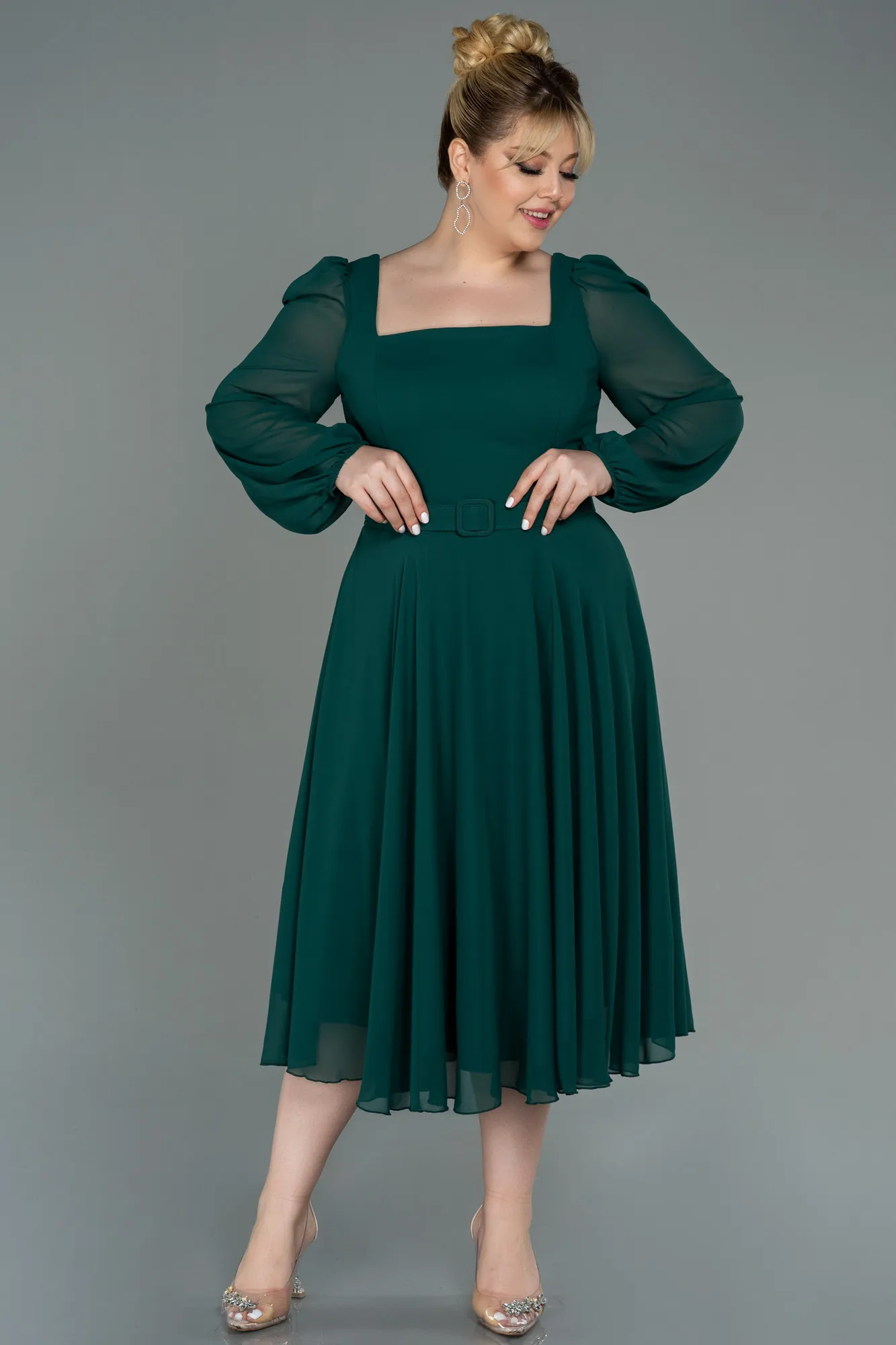Emerald Green-Midi Chiffon Plus Size Evening Dress ABK1753