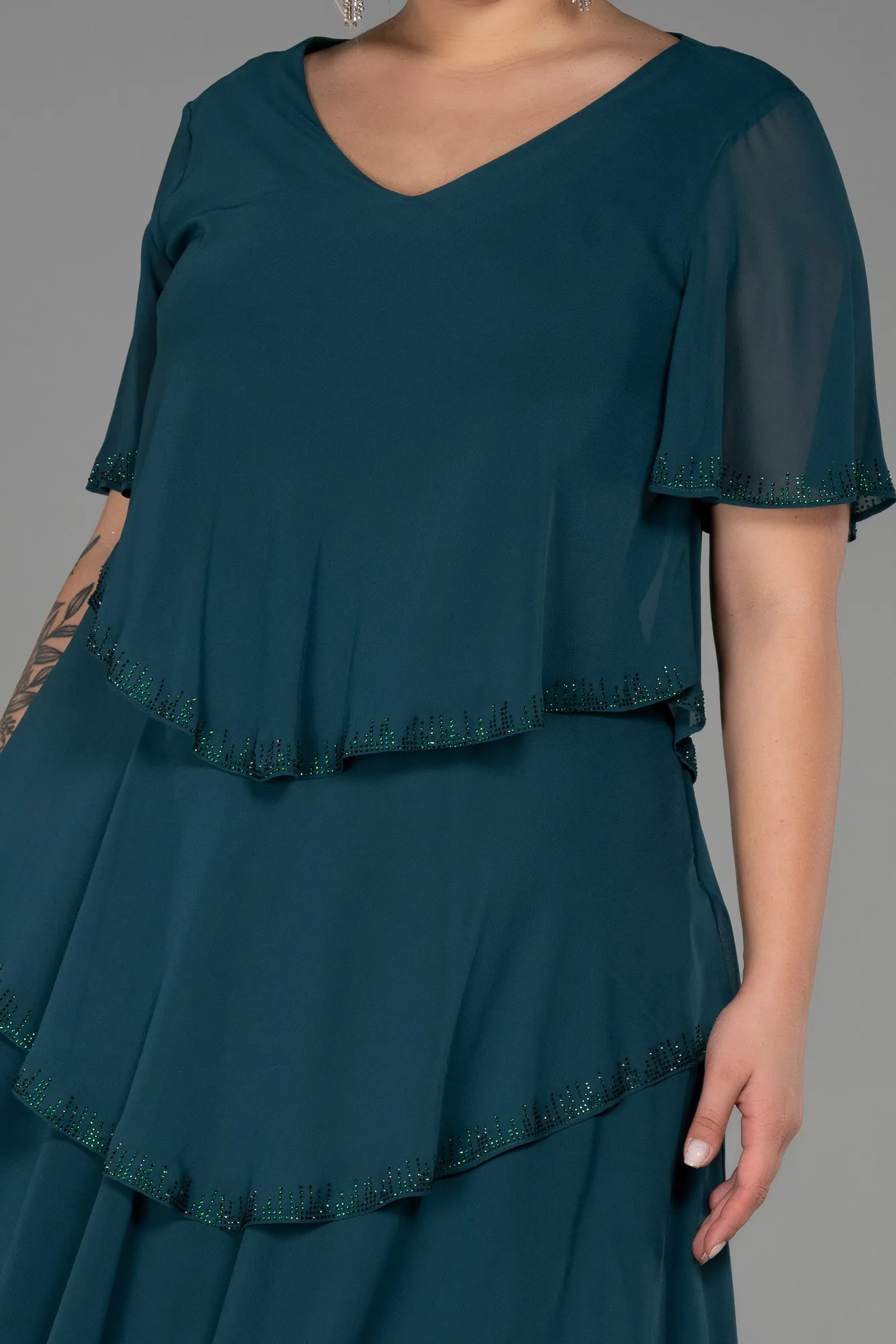 Emerald Green-Midi Chiffon Plus Size Evening Dress ABK1825