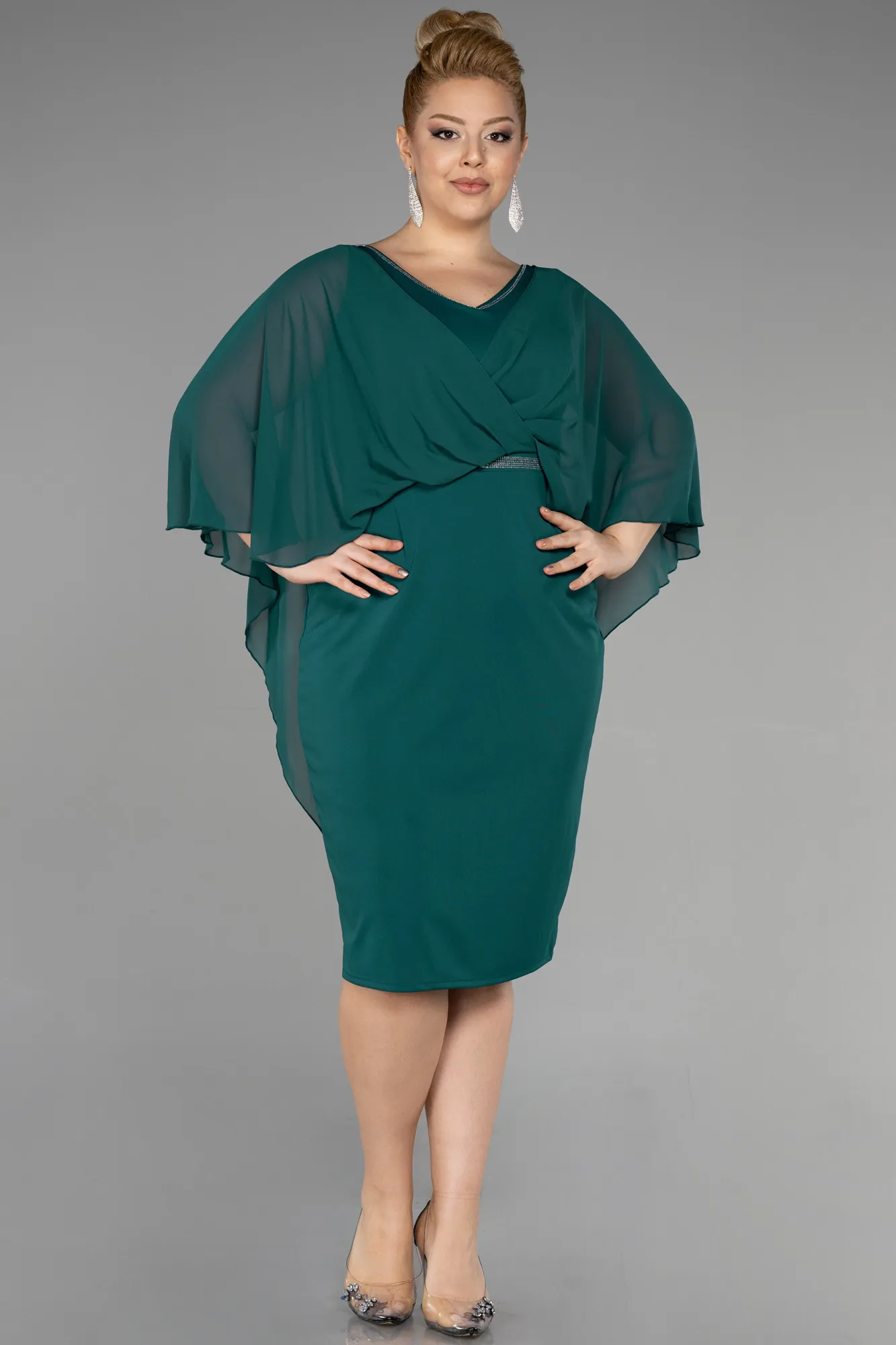 Emerald Green-Midi Chiffon Plus Size Evening Dress ABK1924