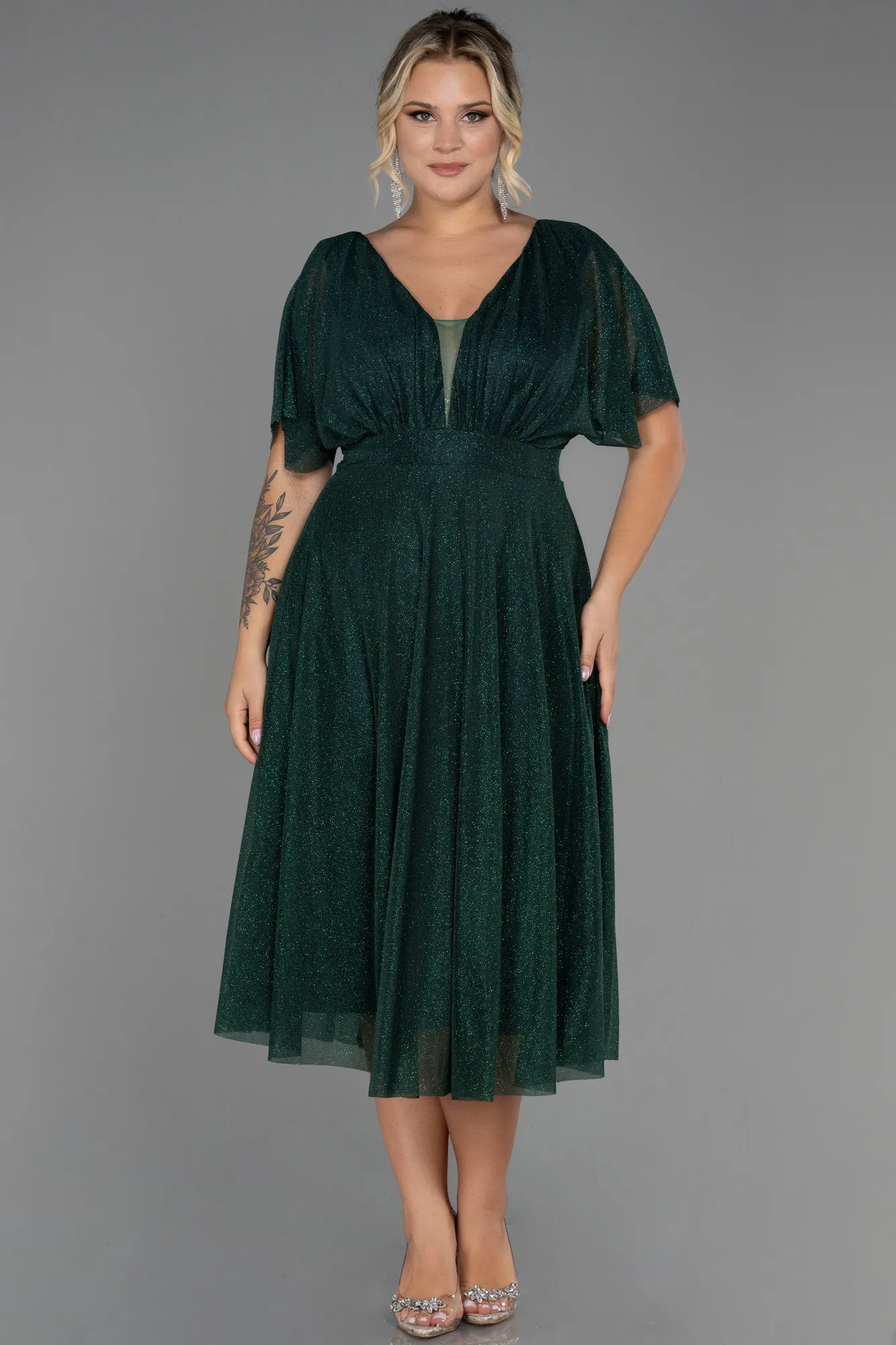 Emerald Green-Midi Plus Size Evening Dress ABK1253