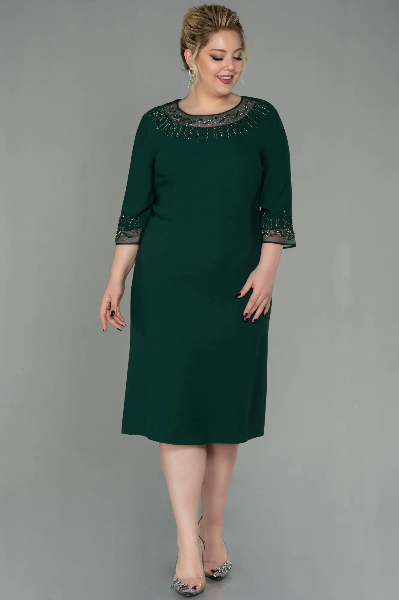Emerald Green-Midi Plus Size Evening Dress ABK1622