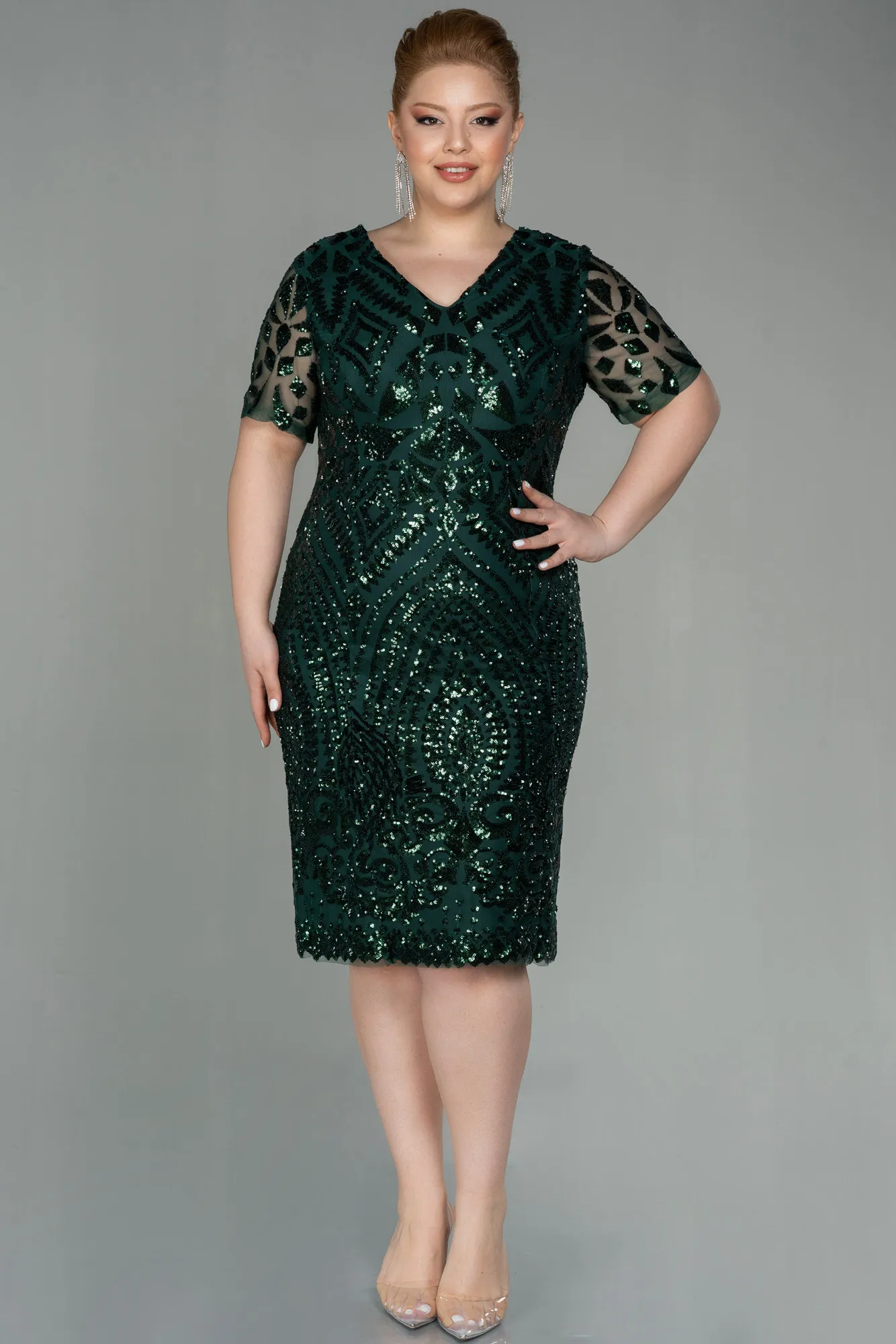 Emerald Green-Midi Plus Size Evening Dress ABK1624