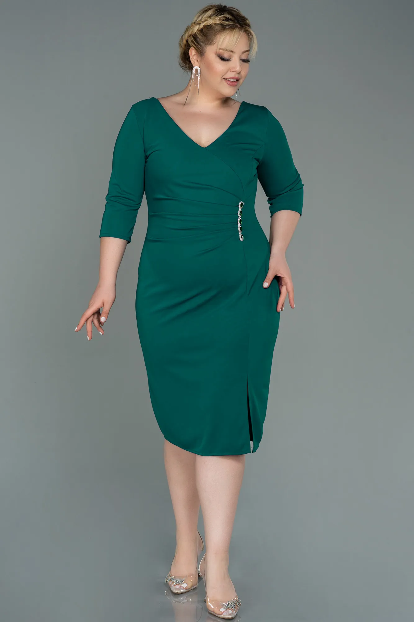 Emerald Green-Midi Plus Size Evening Dress ABK1725