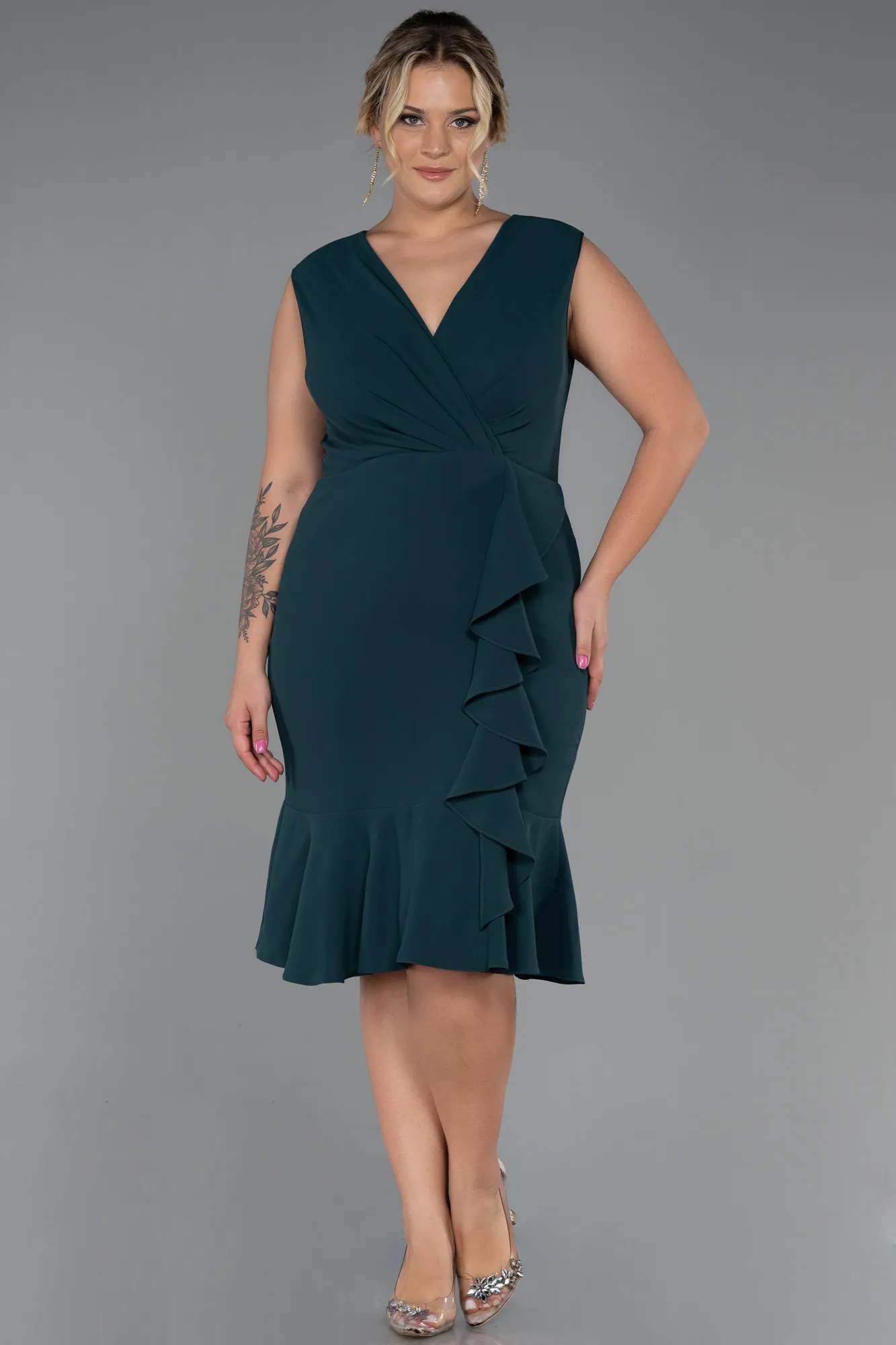 Emerald Green-Midi Plus Size Evening Dress ABK1813