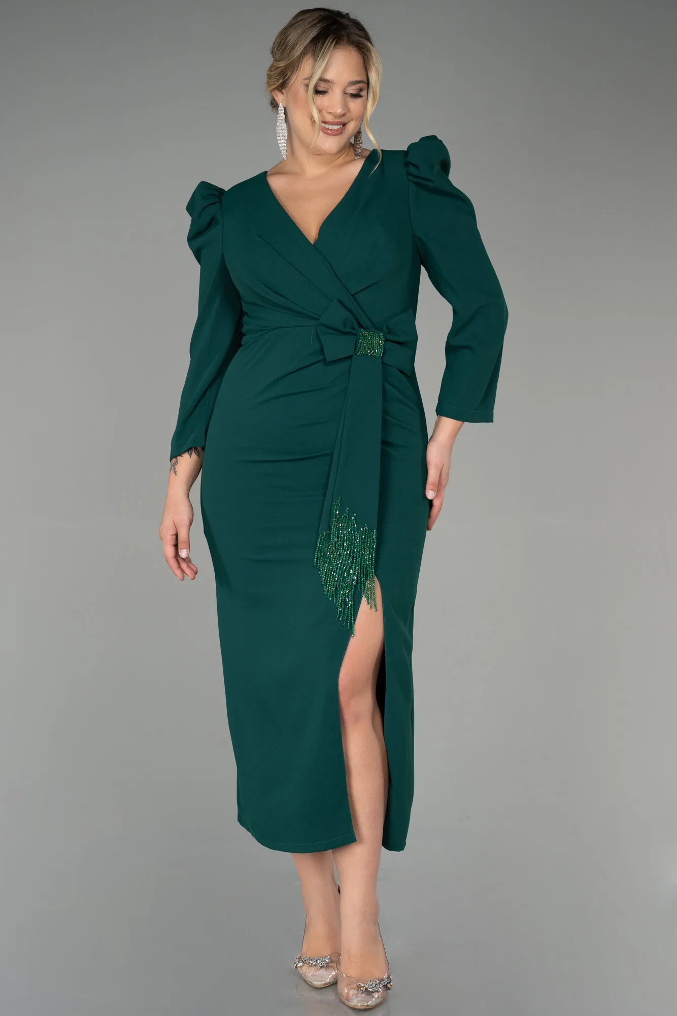 Emerald Green-Midi Plus Size Evening Dress ABK1822